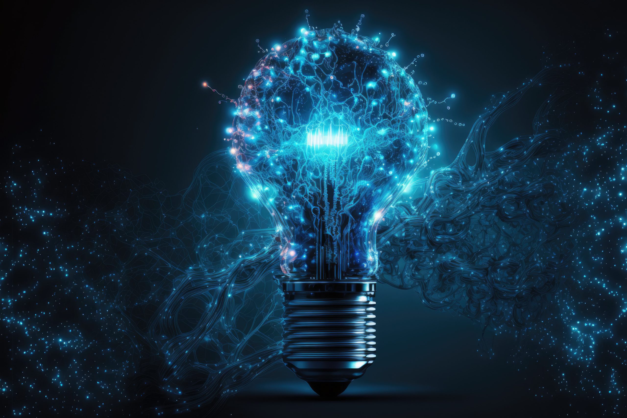 A blue digital technology light bulb showing innovation.