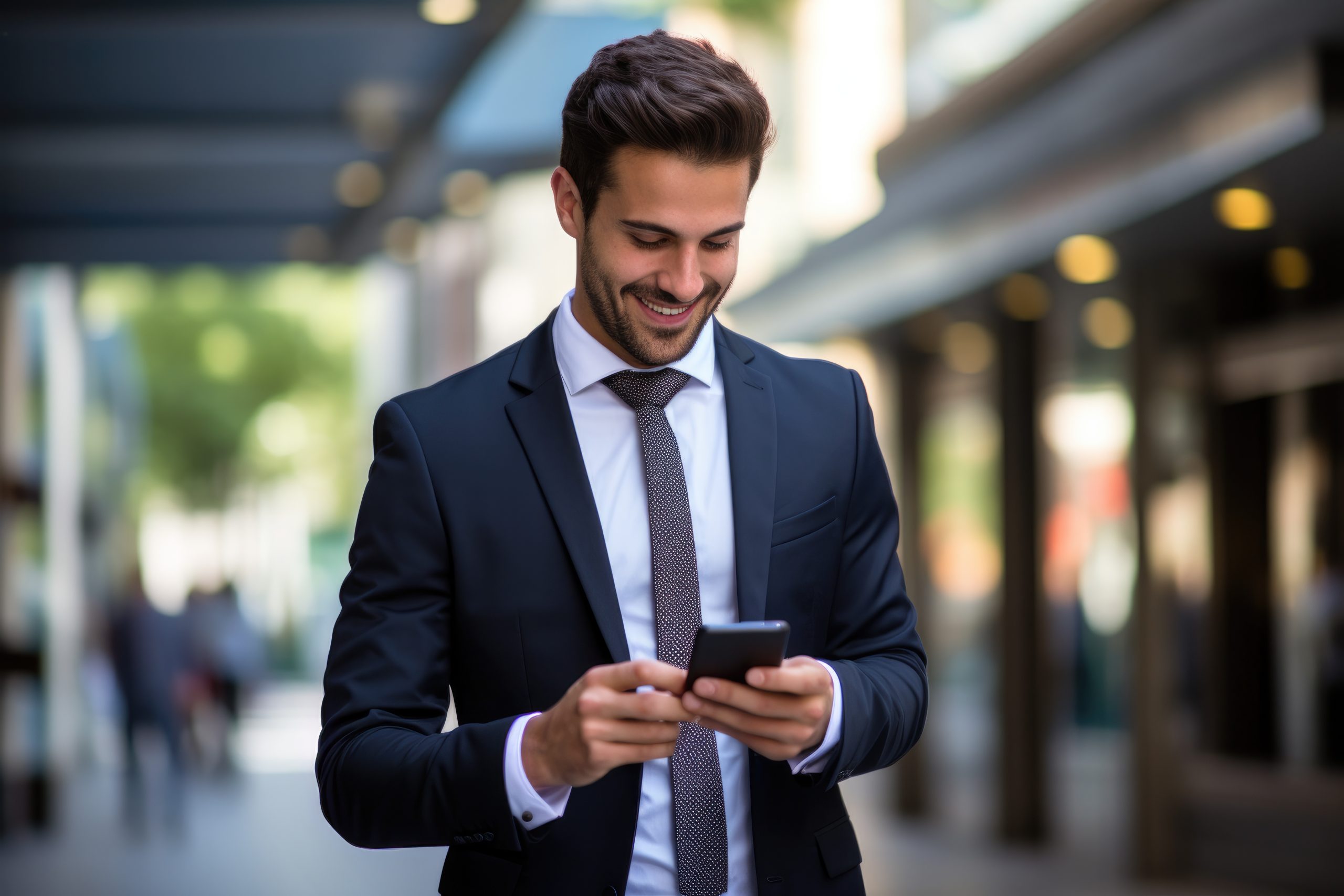 A businessman using smartphone in Akron, Ohio.