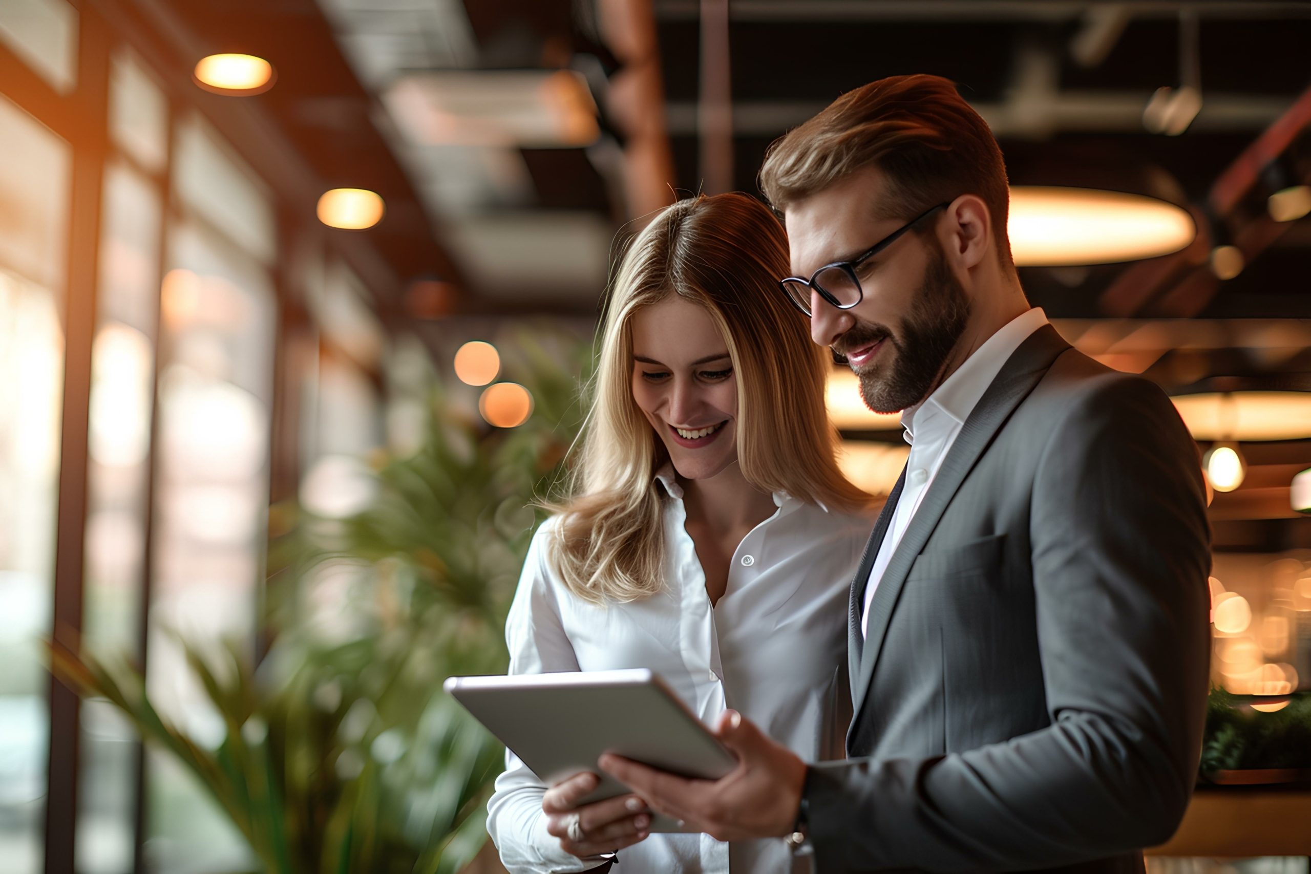 A man and woman doing human risk management on a tablet.