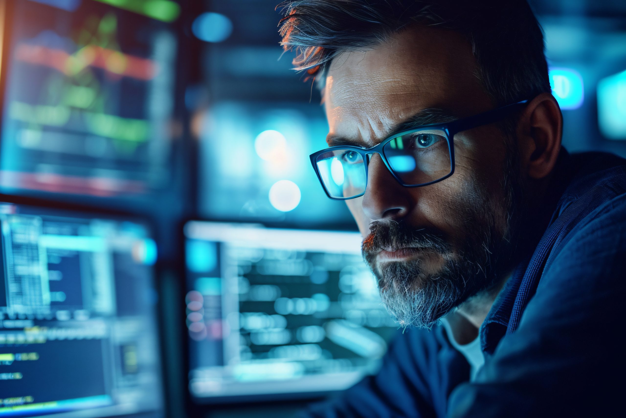 IT specialist looking at multiple computer screens, conducting incident response and recovery services.