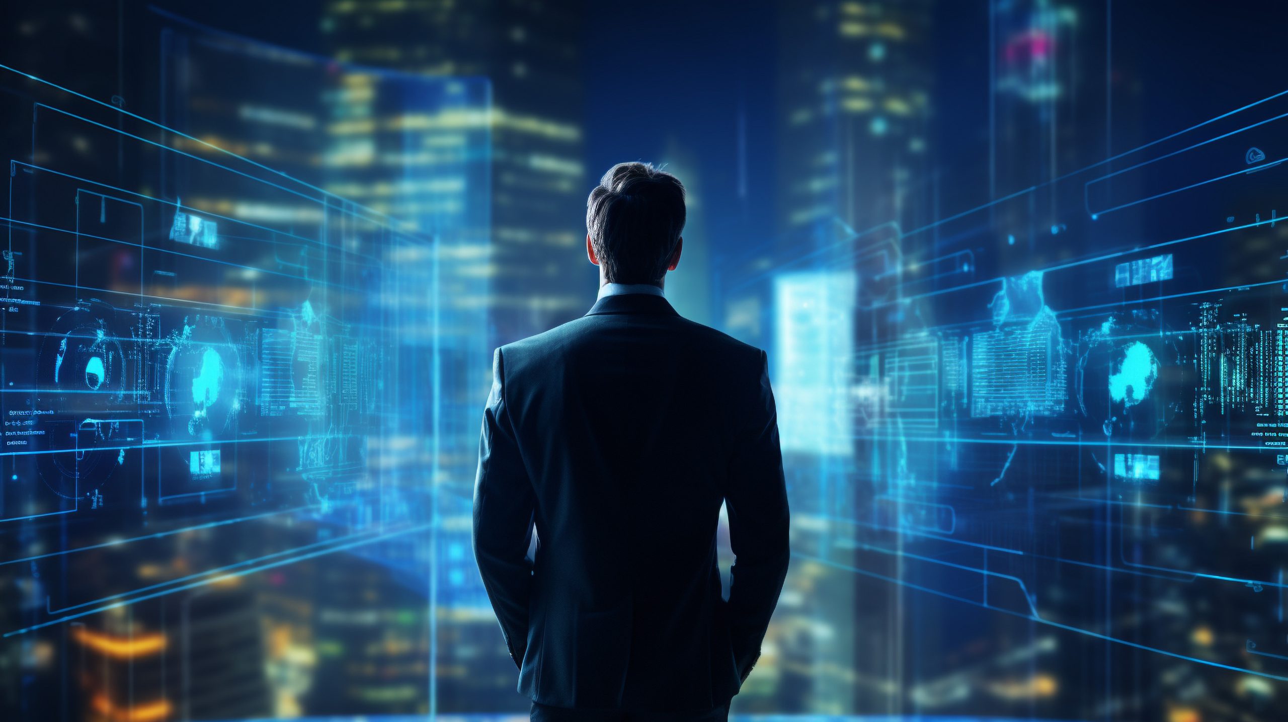 A business man standing in front of a futuristic city overlook.