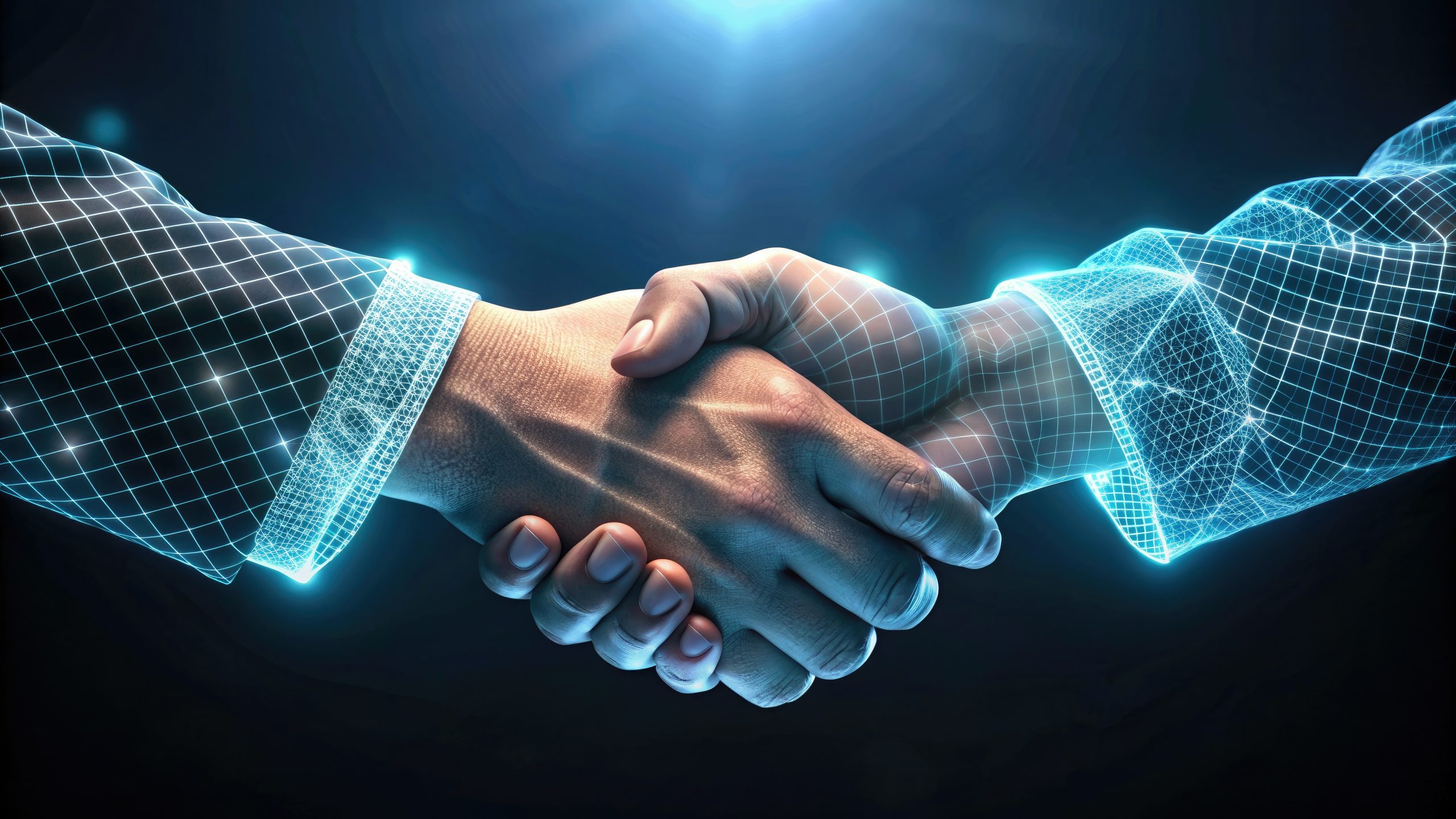 Two hands engaging in a handshake overlaid with a blue digital wireframe, symbolizing a proven track record.