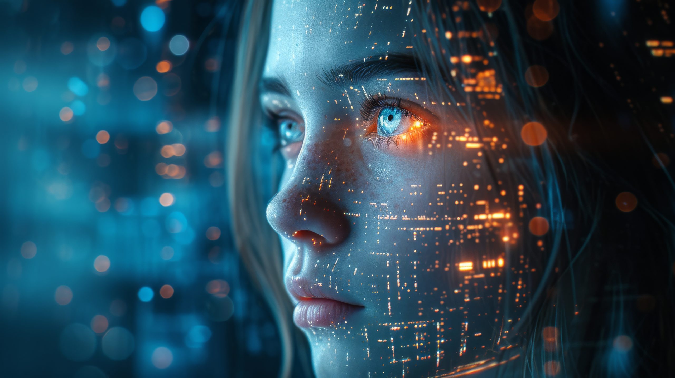 Close-up of a woman's face with digital code overlaying her features, representing identity access management and cybersecurity strategies.