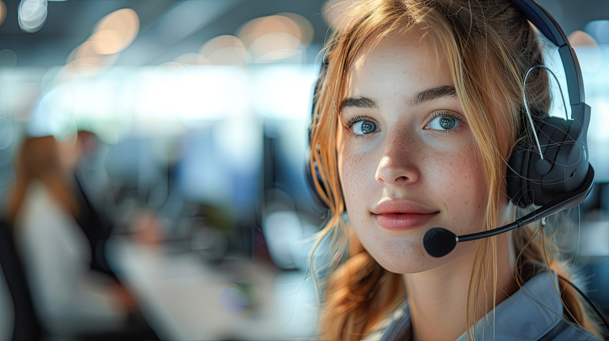 A female Eco Fusion Tech IT specialist wears a headset while smiling.