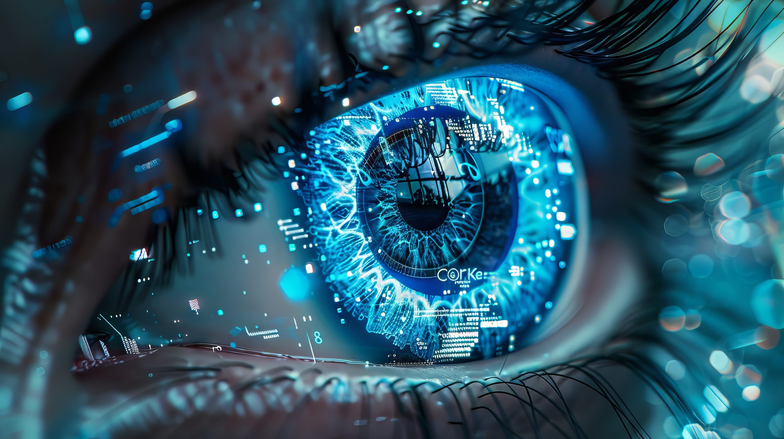 Close-up of an eye with intricate digital elements, showcasing cybersecurity strategies for managed detection & response.