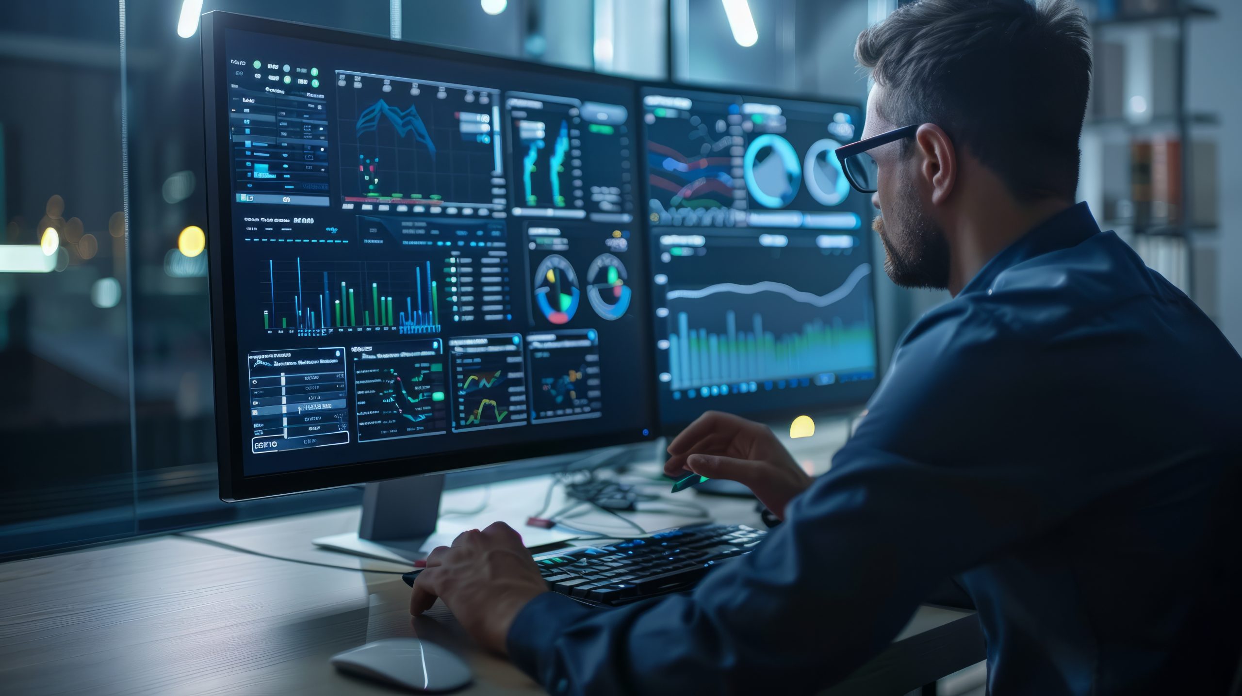 A man monitors computer dashboard for risk assessments.