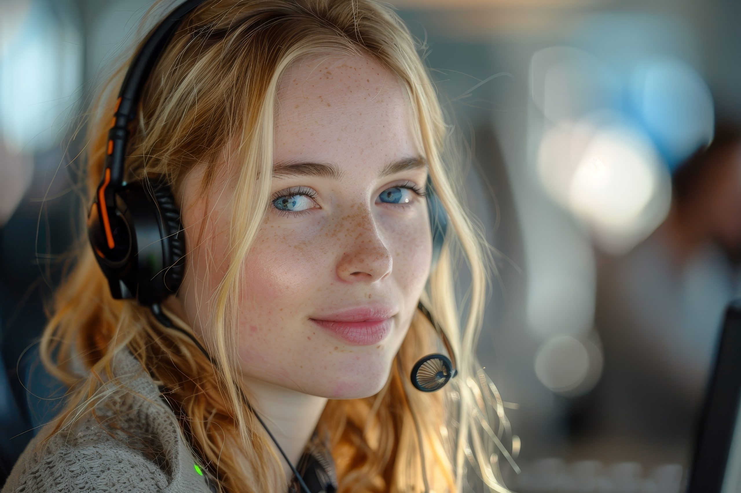 A female Eco Fusion Tech IT specialist wearing headphones at office desk, smiling.