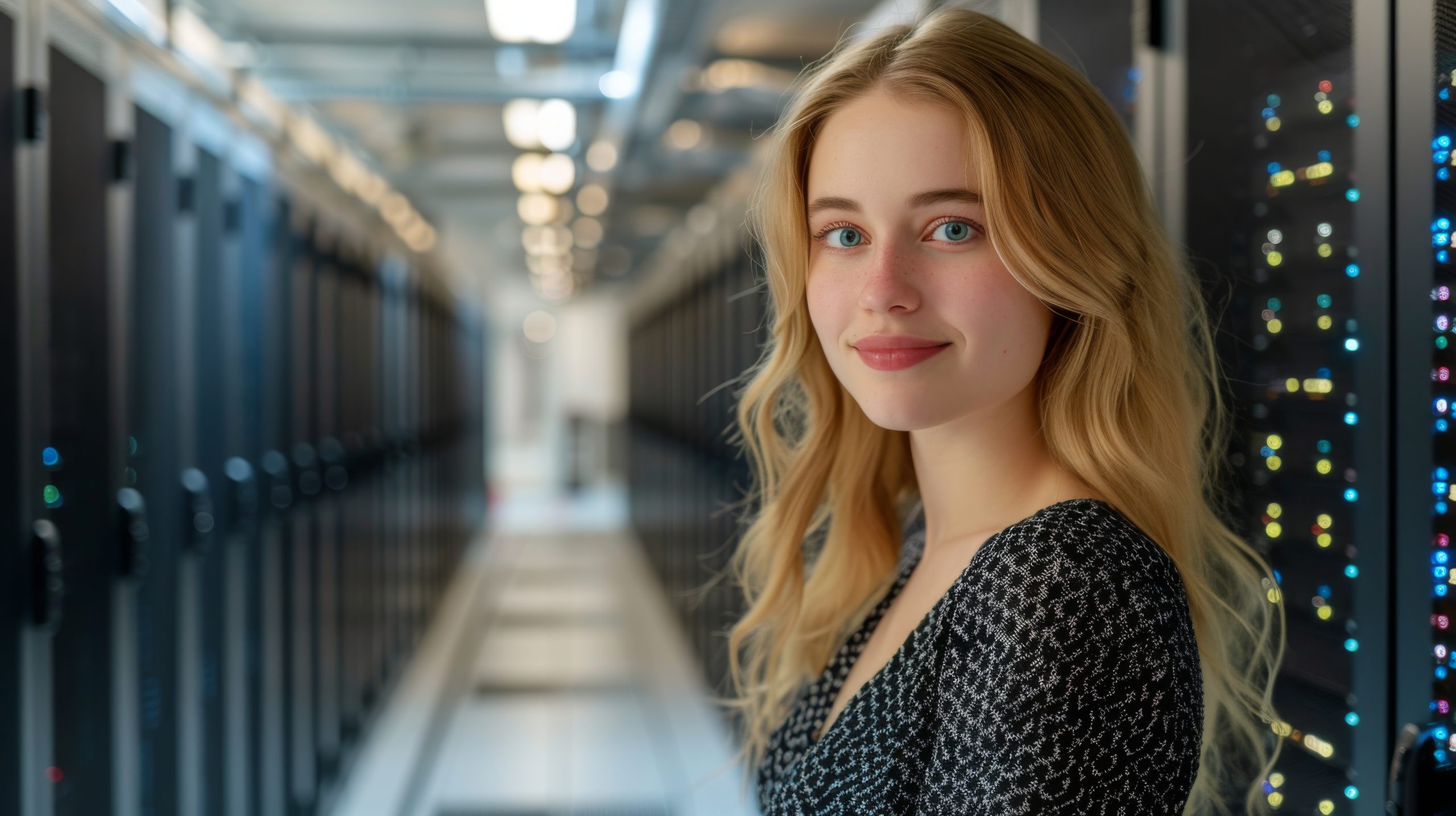 A female Eco Fusion Tech IT specialist stands confidently in front of a row of servers in a data center.