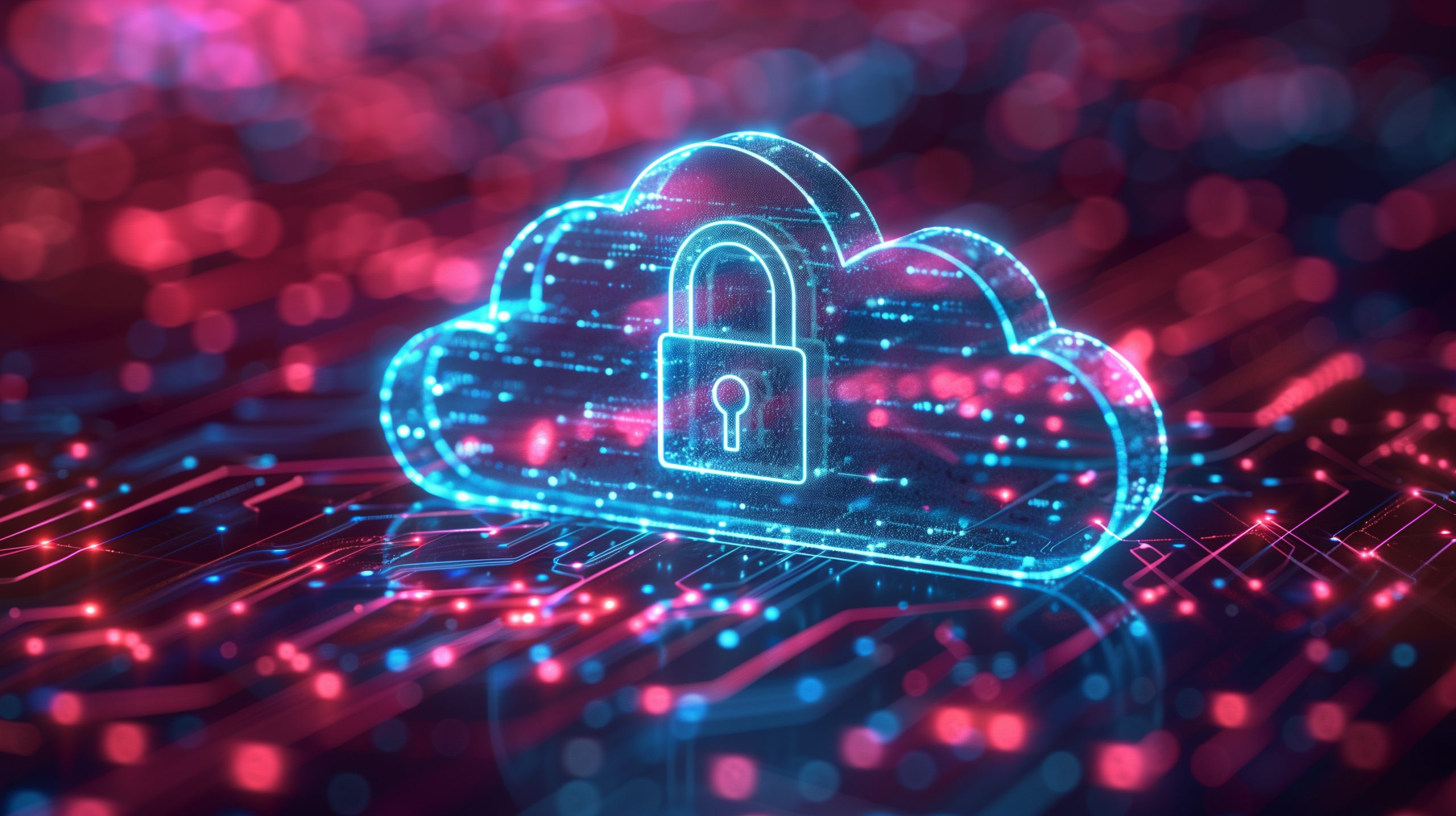 Abstract illustration of cloud security services, stylized cloud icon integrated with a secure padlock symbol, representing cloud security solutions and cybersecurity strategies.