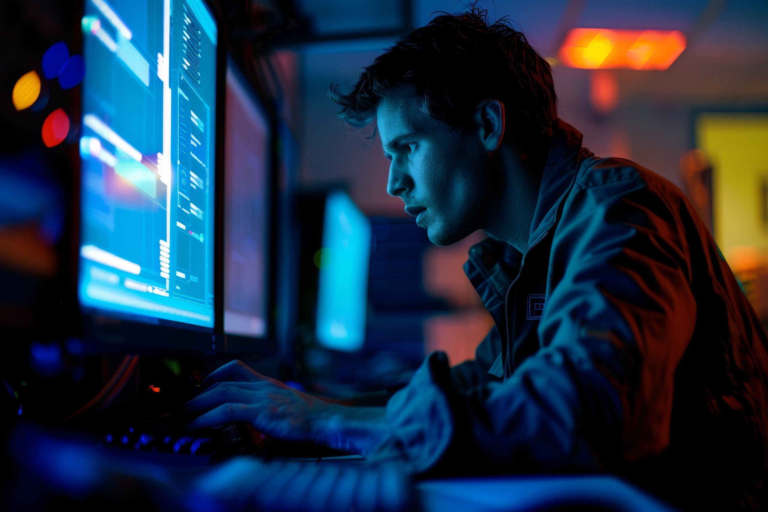 A man doing risk assessment on his computer.