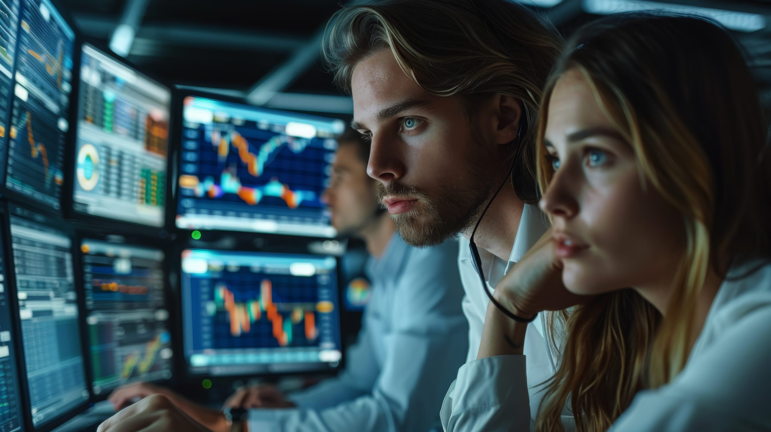 Professionals conducting cybersecurity risk assessments on multi-screen trading computers in a high-tech office.