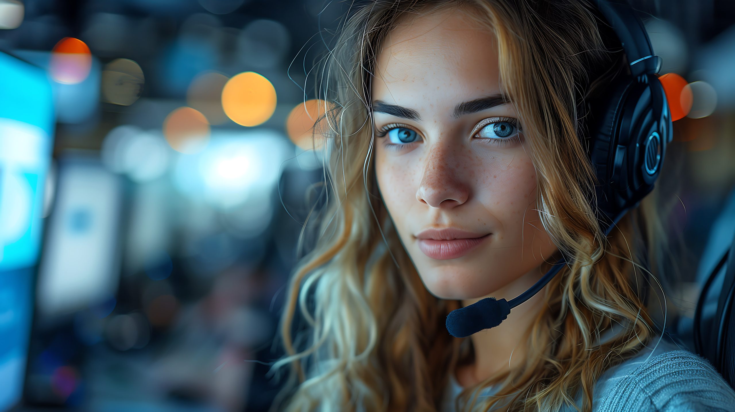 A female Eco Fusion Tech IT specialist wearing headphones at office desk surrounded by computer monitors.