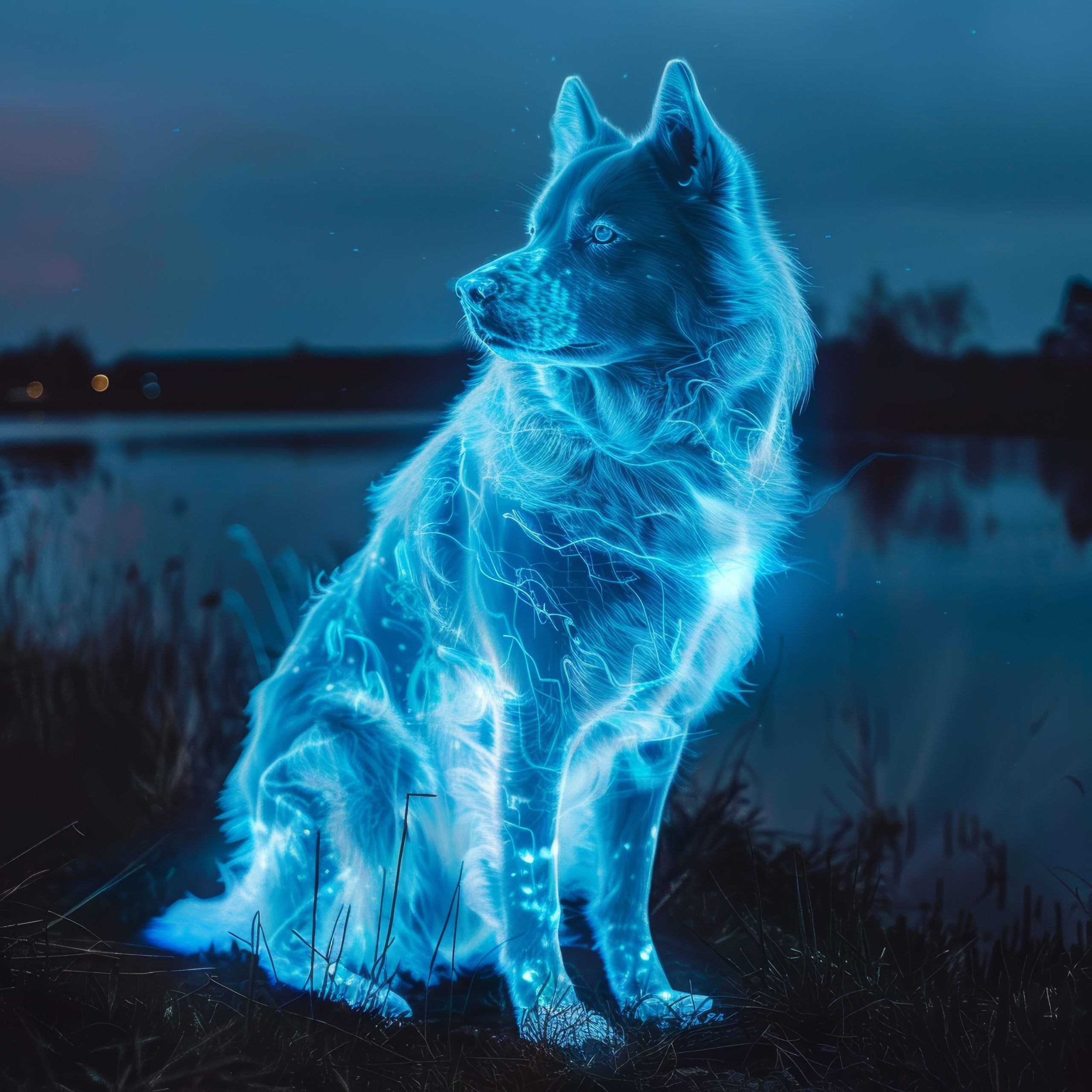 Bioluminescent Siberian husky at Dusk, representing threat protection.