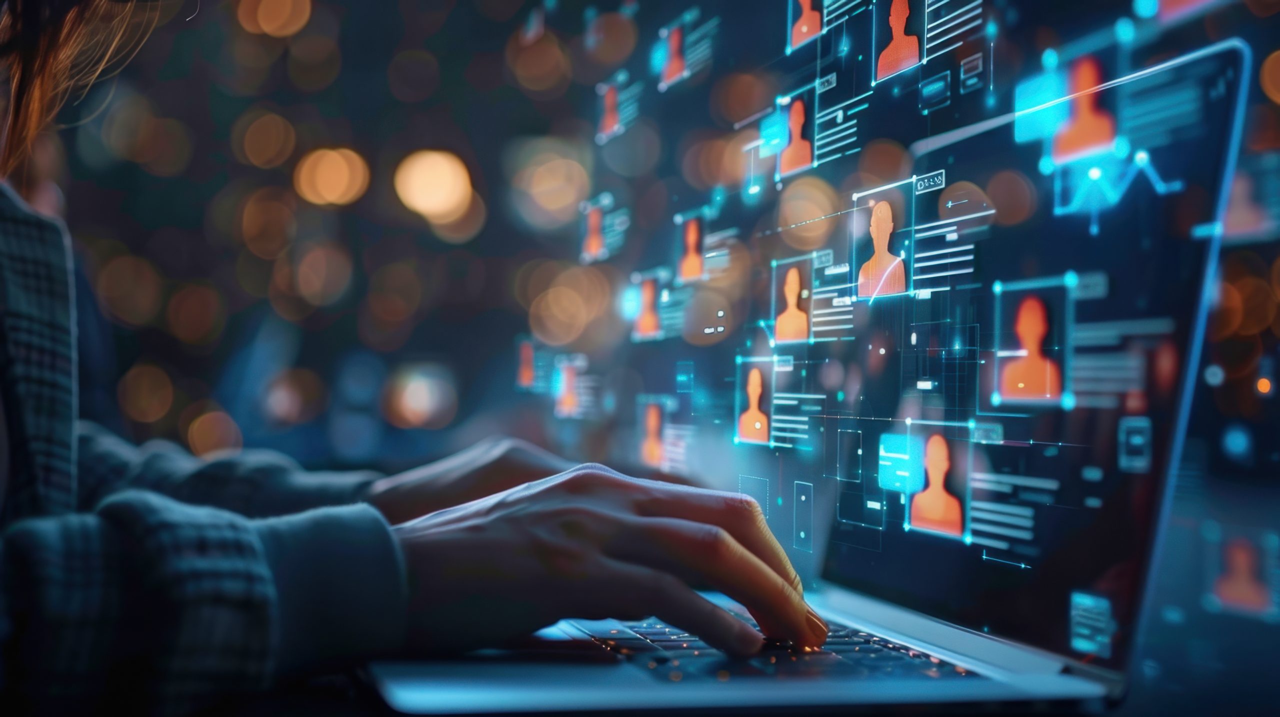 A person typing on a laptop with profiles of employees representing identity and access management.