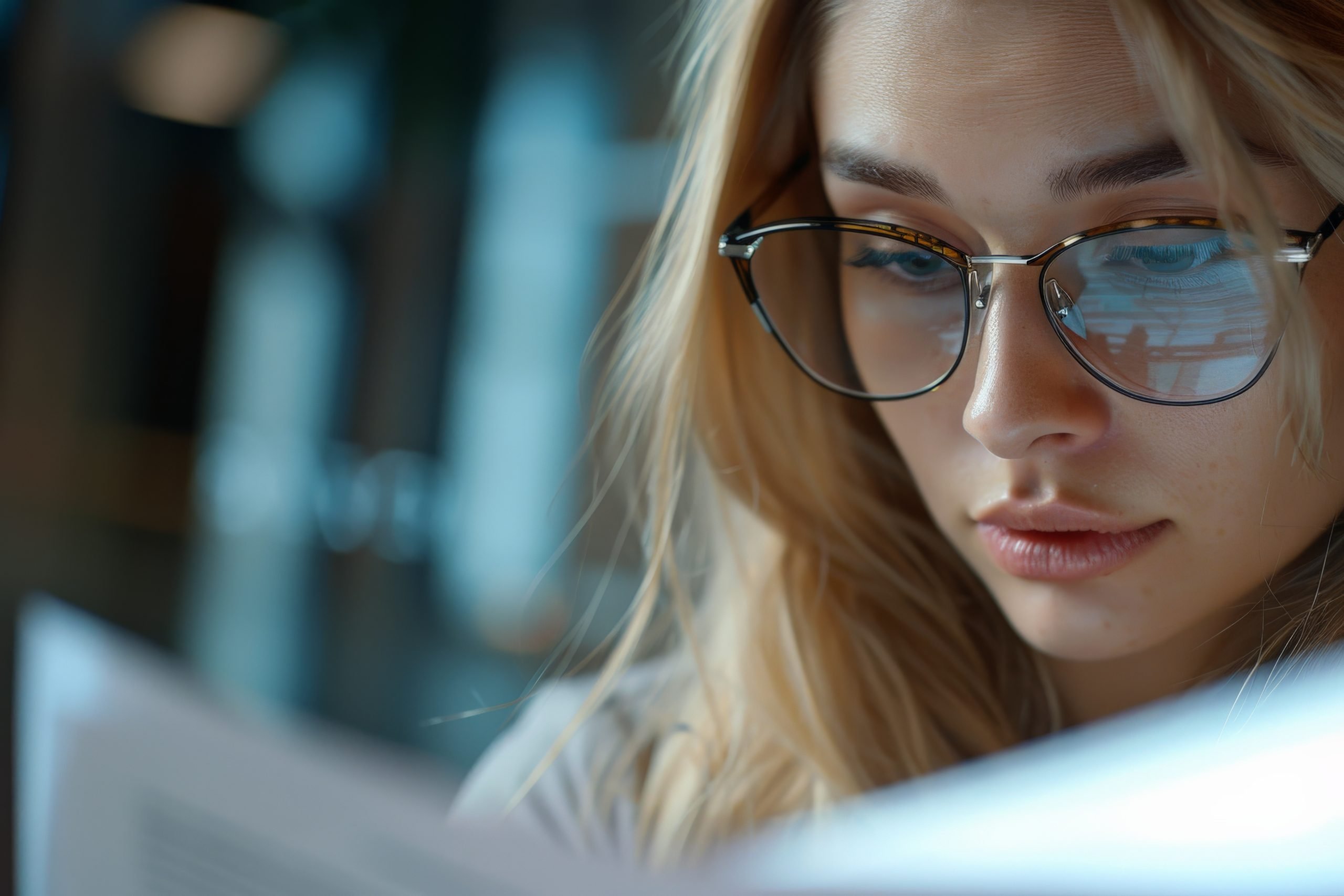 A female Eco Fusion Tech IT specialist intently reads a document, demonstrating detailed reporting and auditing.