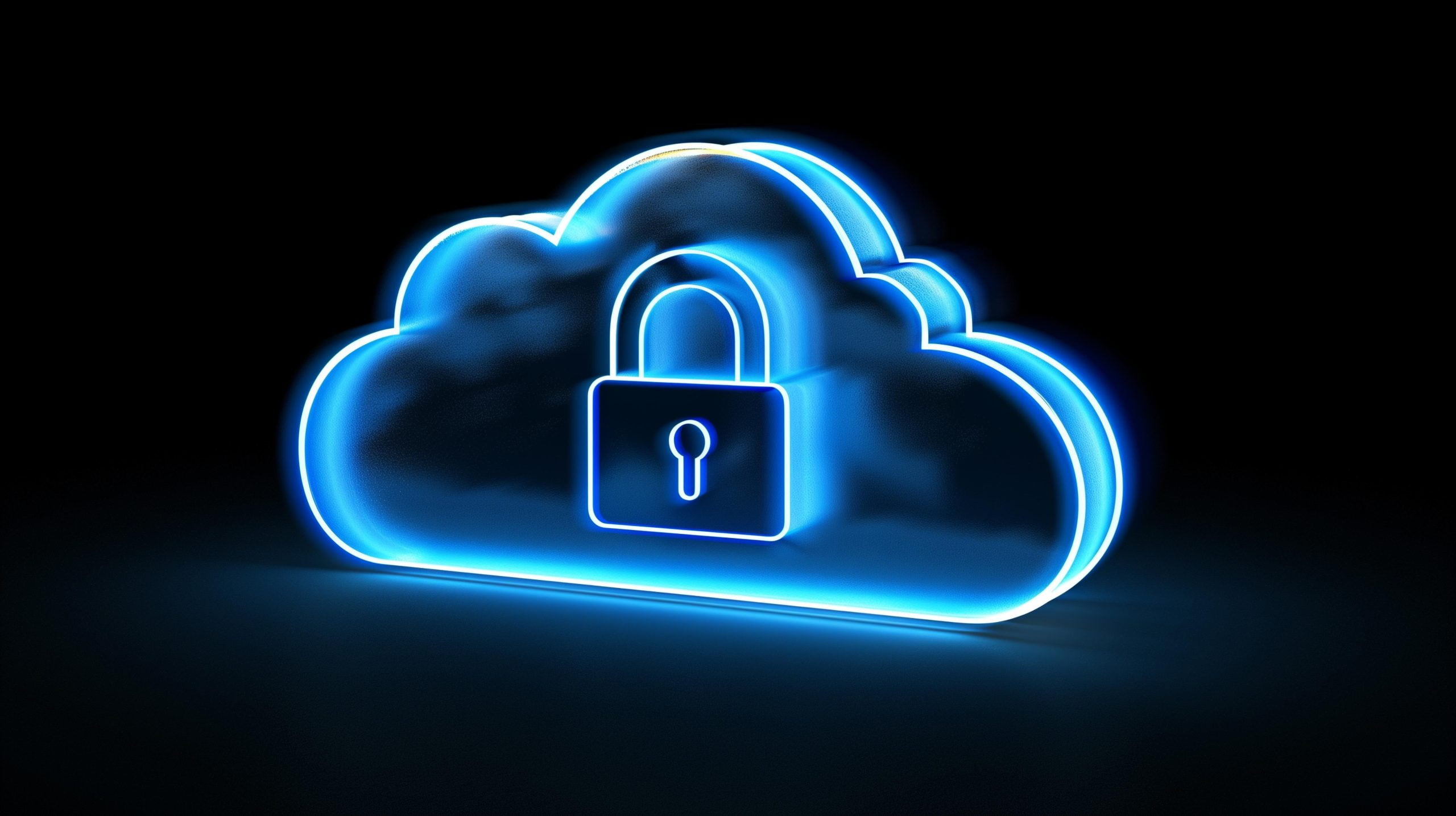 Blue glowing cloud with lock on black background, emphasizing cloud security solutions.