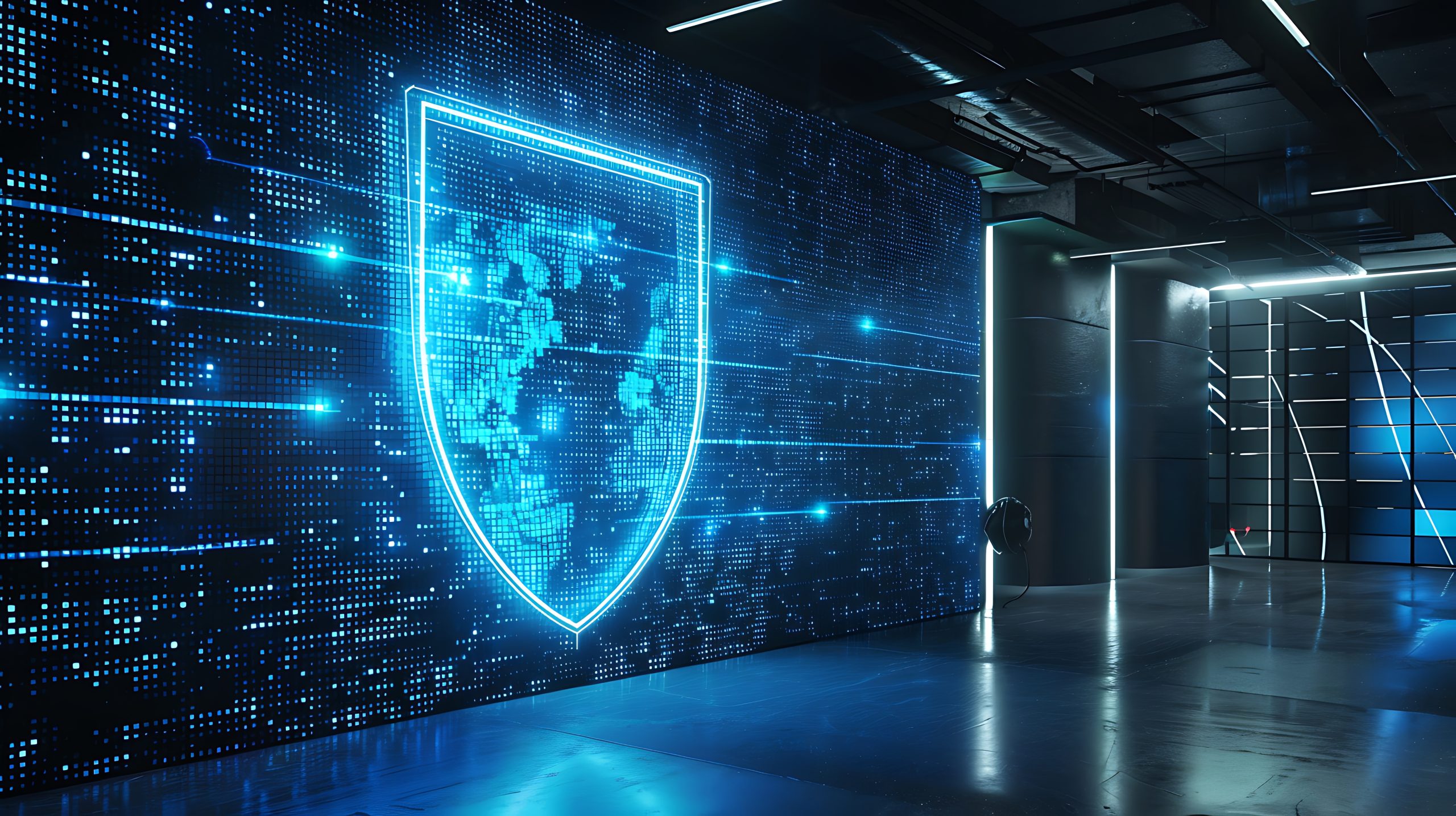 Digital wall with cybersecurity risk assessments shield concept.