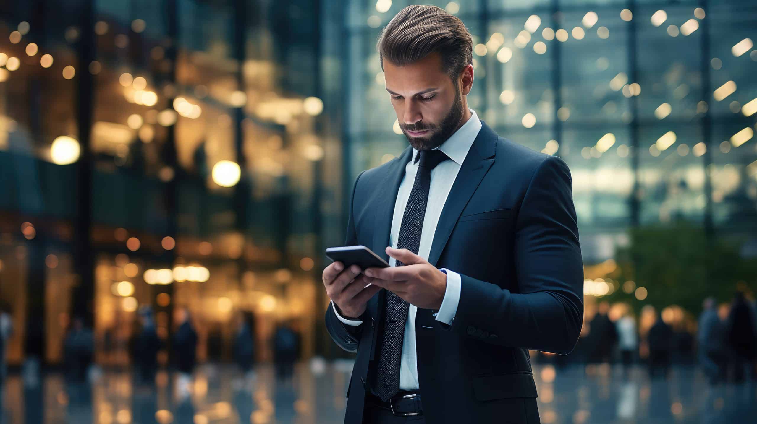 Businessman holding a cell phone on a blog while standing in Akron, Ohio, with a cityscape in the background.