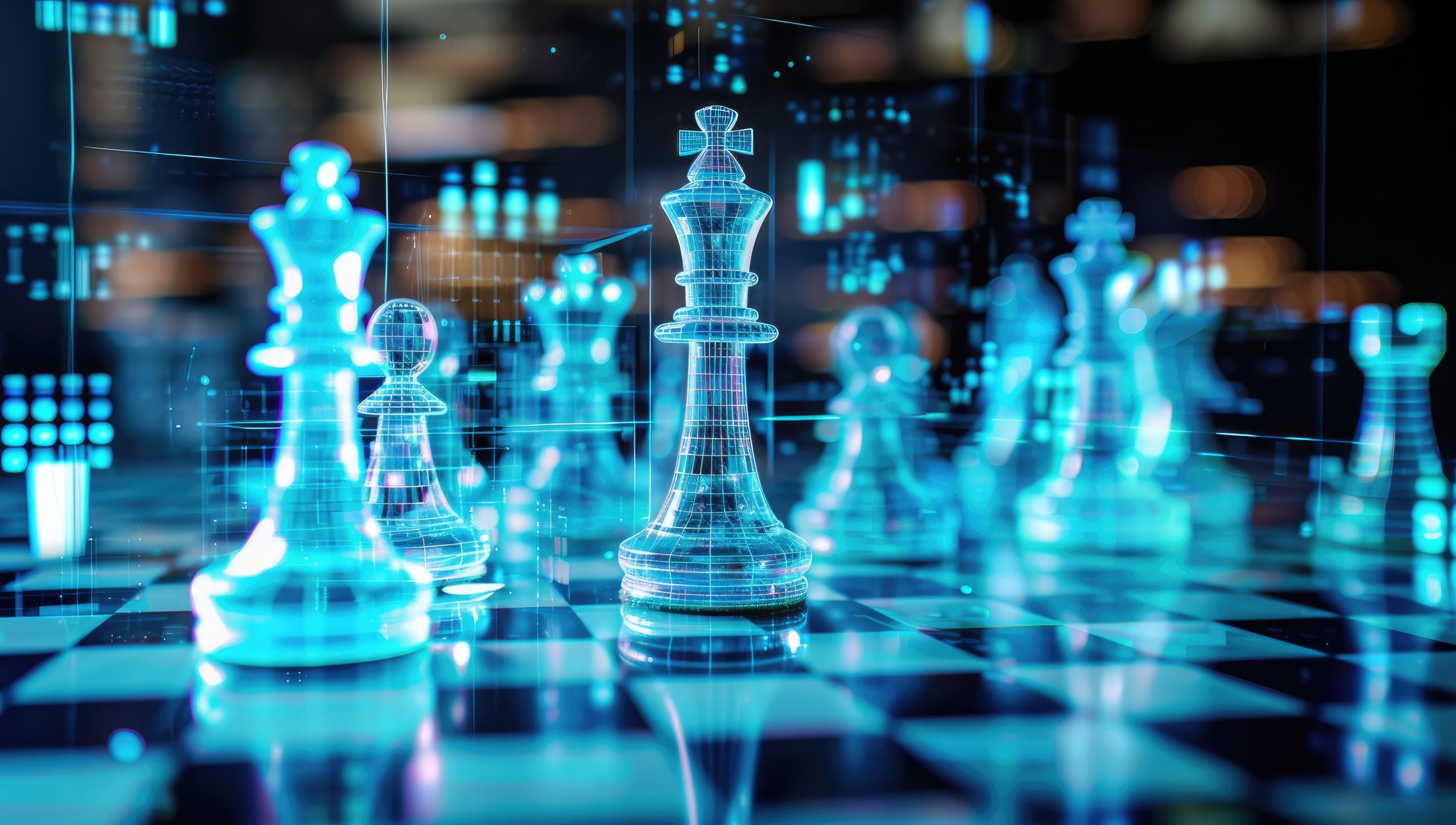 Futuristic chess game of business ideas and competition and strategy ideas.