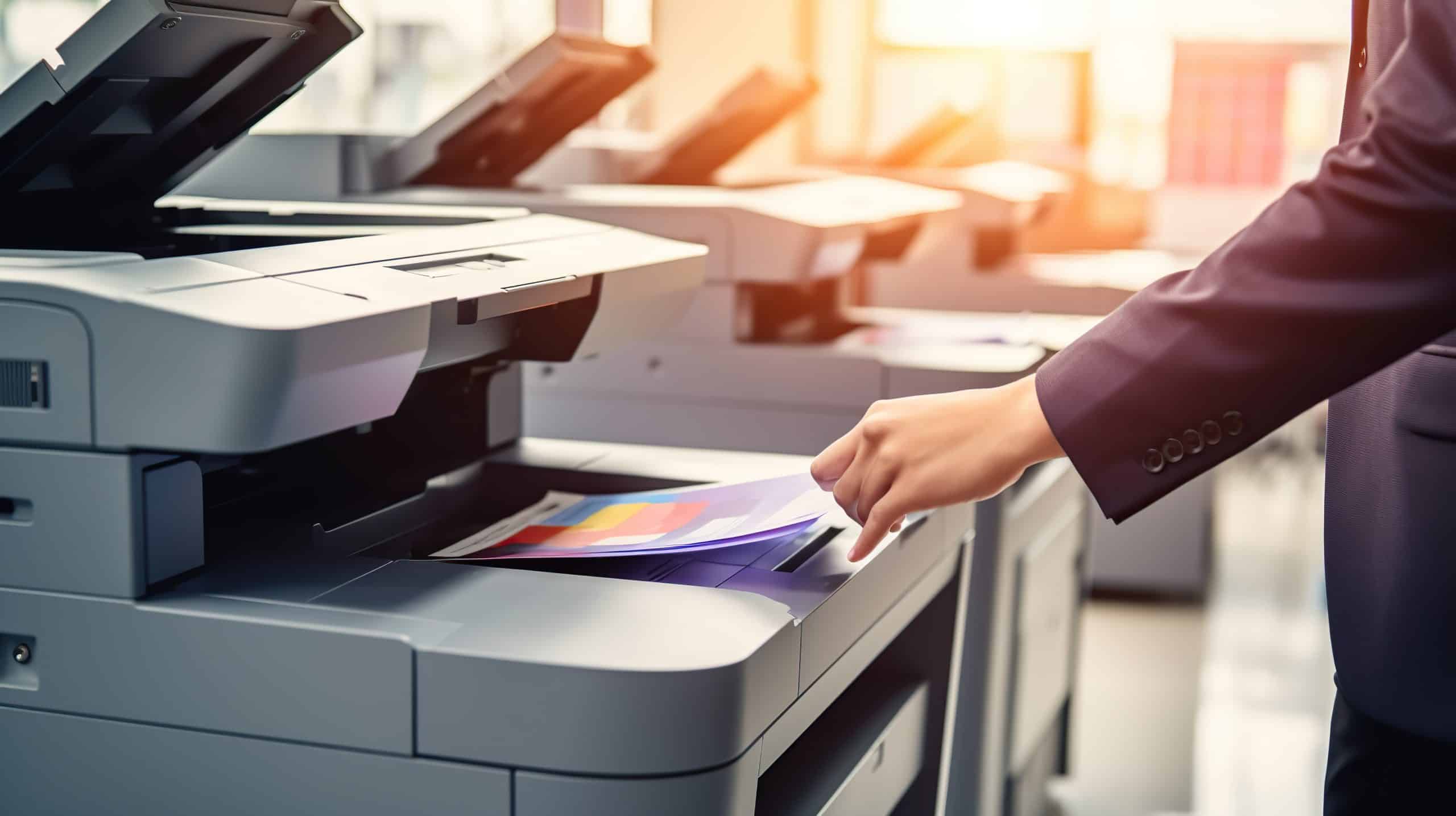 An office worker using a printing machine.