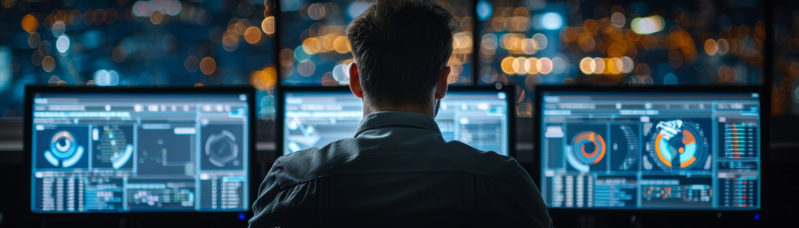 An Eco Fusion Tech IT specialist sits at a monitoring station uses digital dashboards to send alerts about third-party risk management.