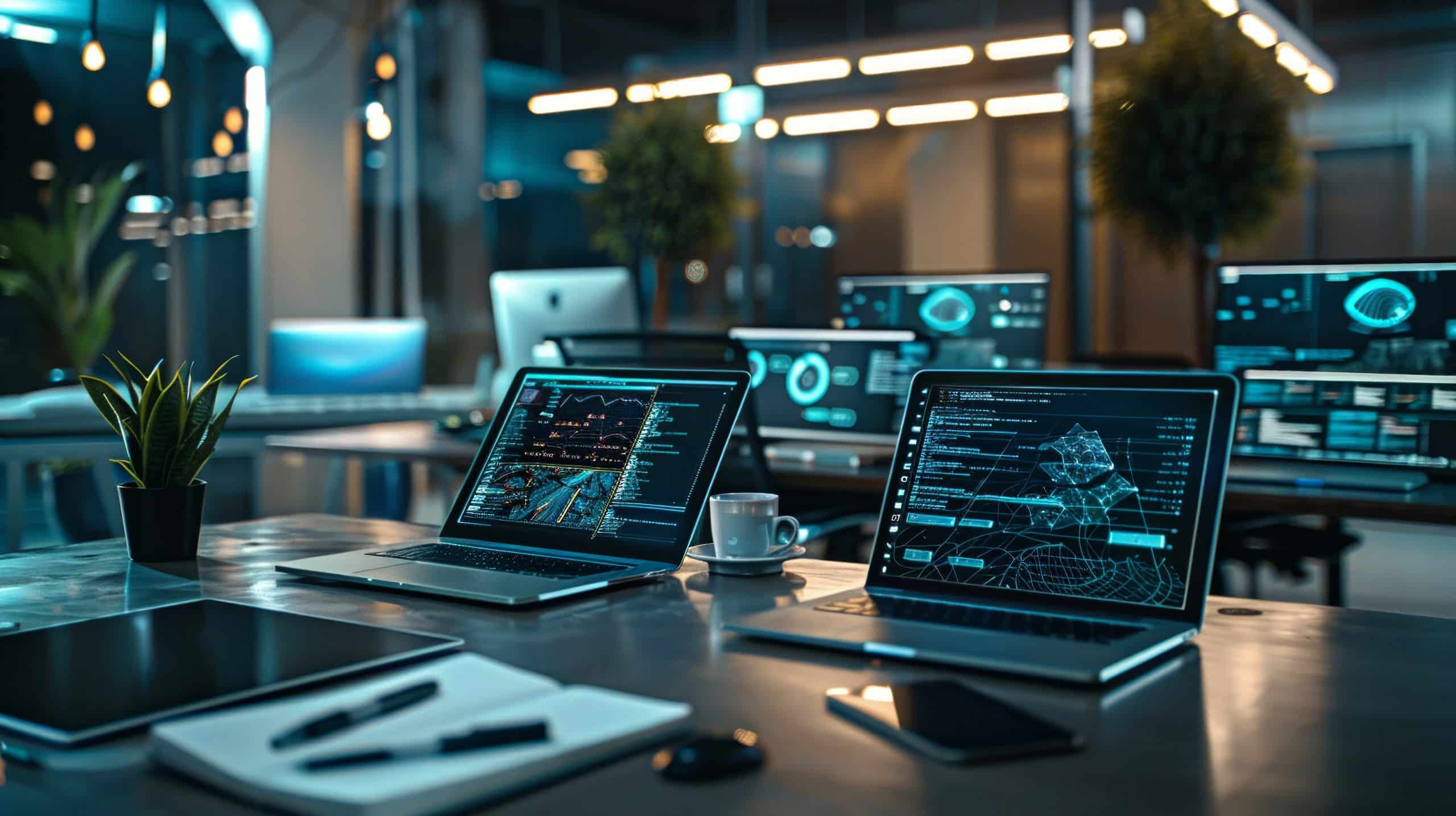 A high-tech cybersecurity setup secured by endpoint management and IT  managed services with multiple laptops managing vast amounts of protected data in a modern office.