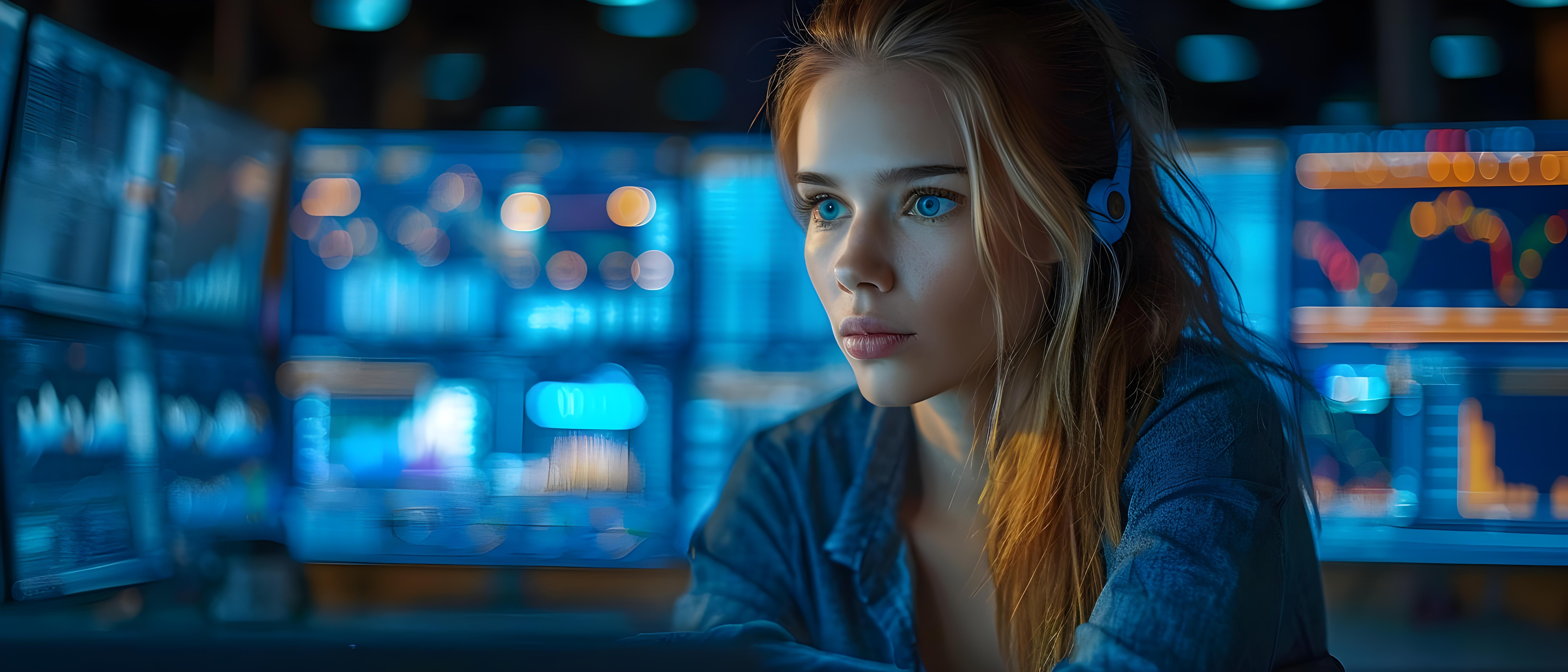 A female Eco Fusion Tech  cybersecurity specialist reviewing data on a computer.