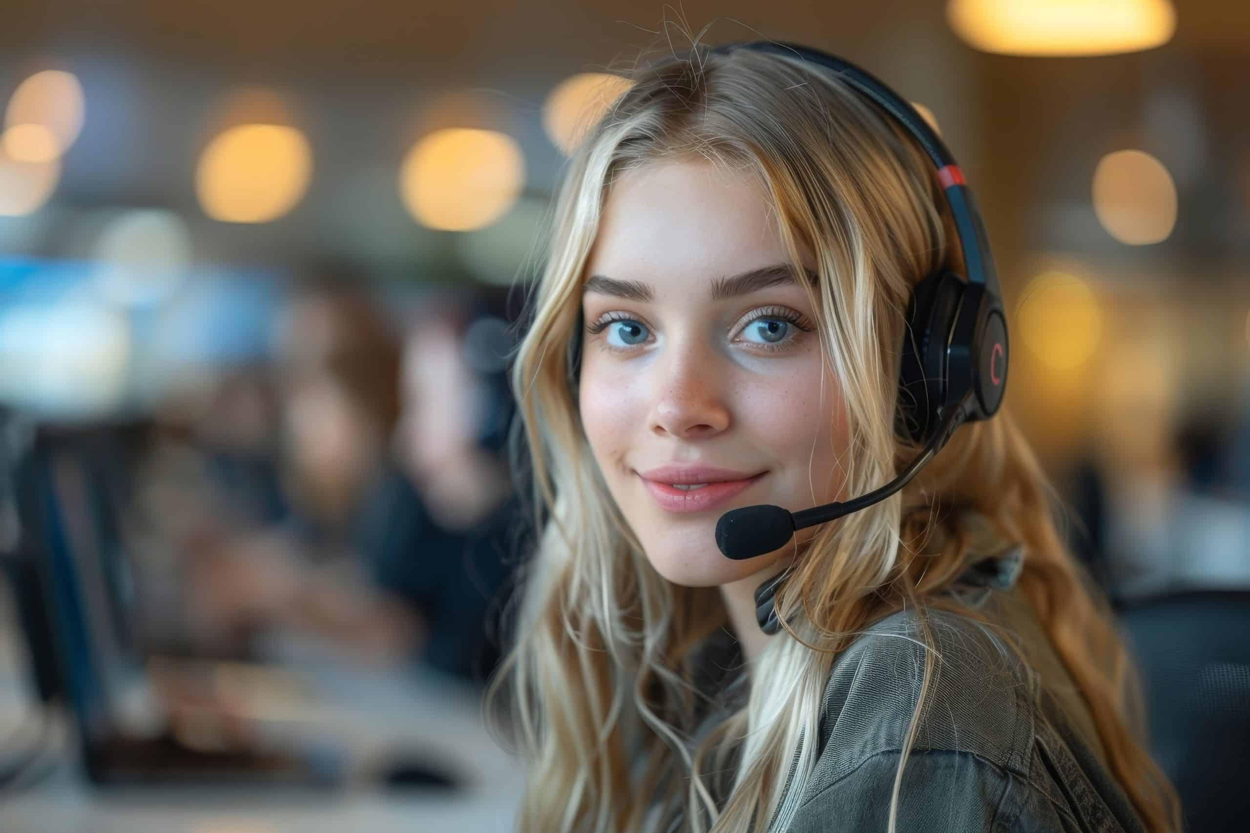 Eco Fusion Tech support specialist smiling while wearing a headset, providing friendly and professional customer service.