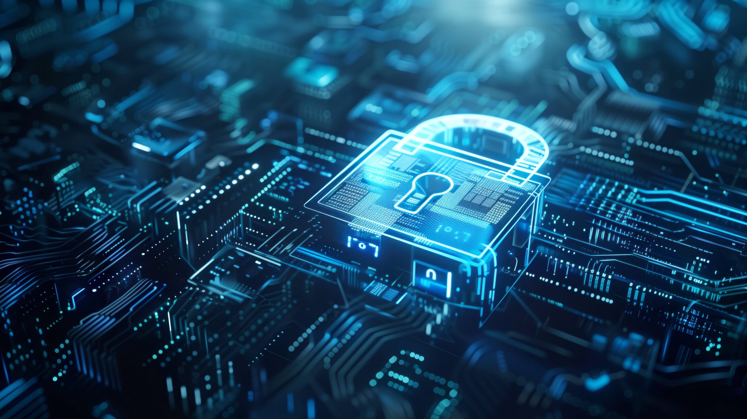 Cybersecurity third-party risk management concept featuring a glowing digital padlock on a detailed electronic circuit board.