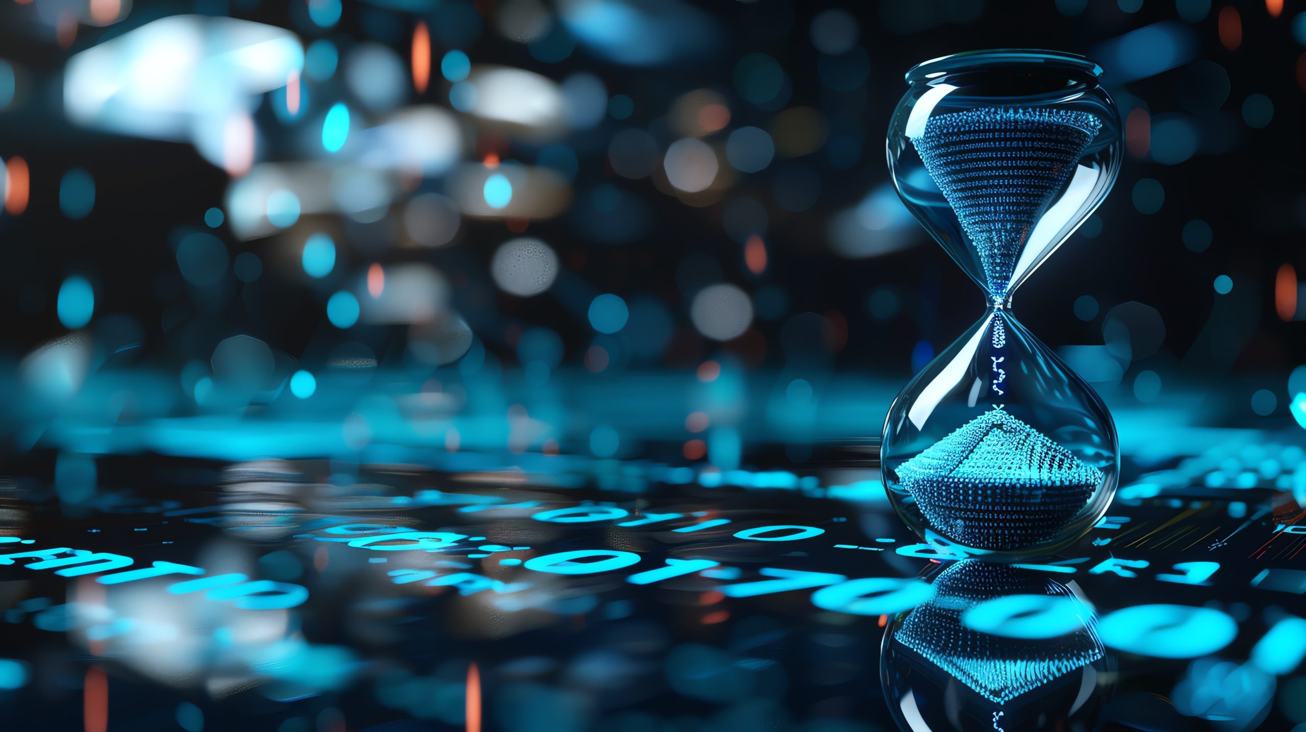 An hourglass timer made of glowing blue sand sits on a reflective surface, representing network monitoring and proactive defense.