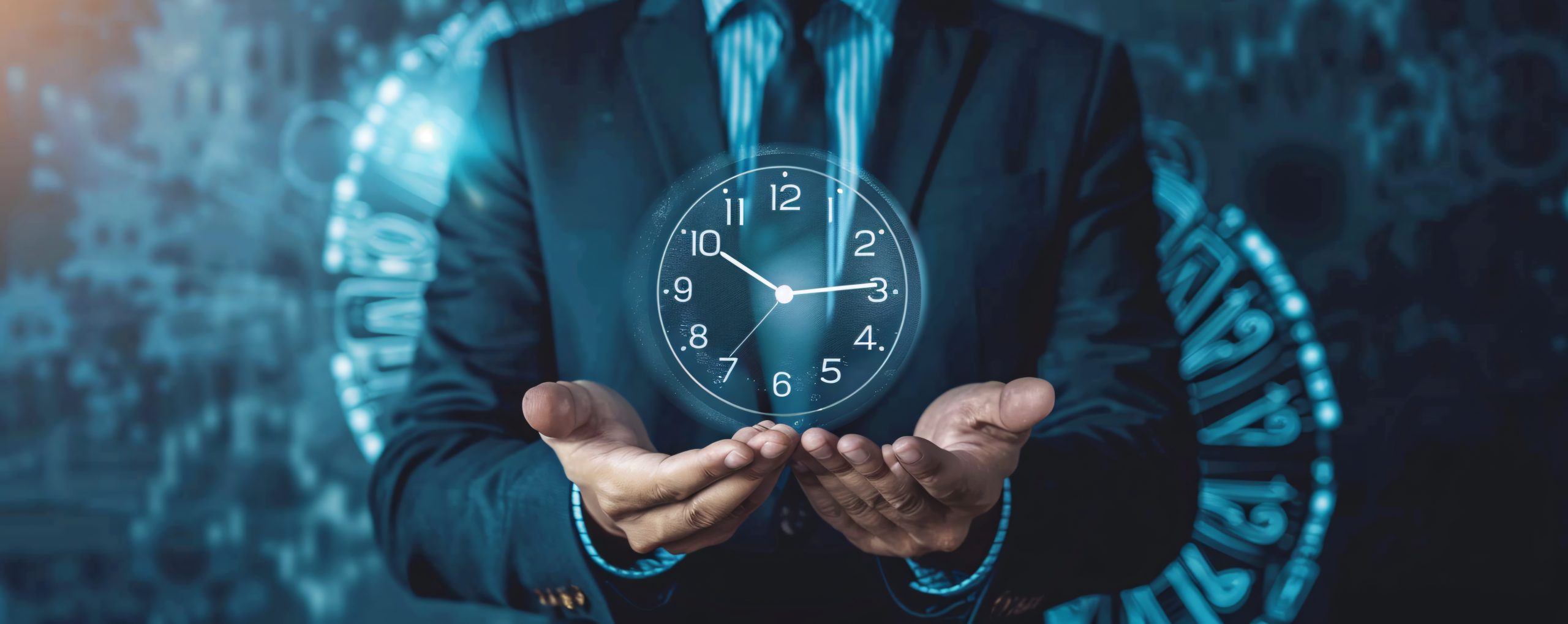 A businessman demonstrating time management on incident response and recovery services by holding a clock in his hands.