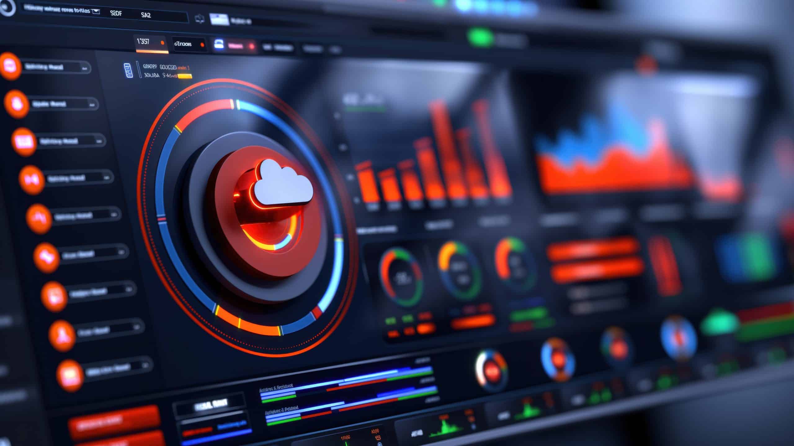 A sophisticated 3D illustration of a data backup and disaster recovery dashboard, featuring vibrant neon colors and detailed data visualizations, emphasizing modern cloud technology.