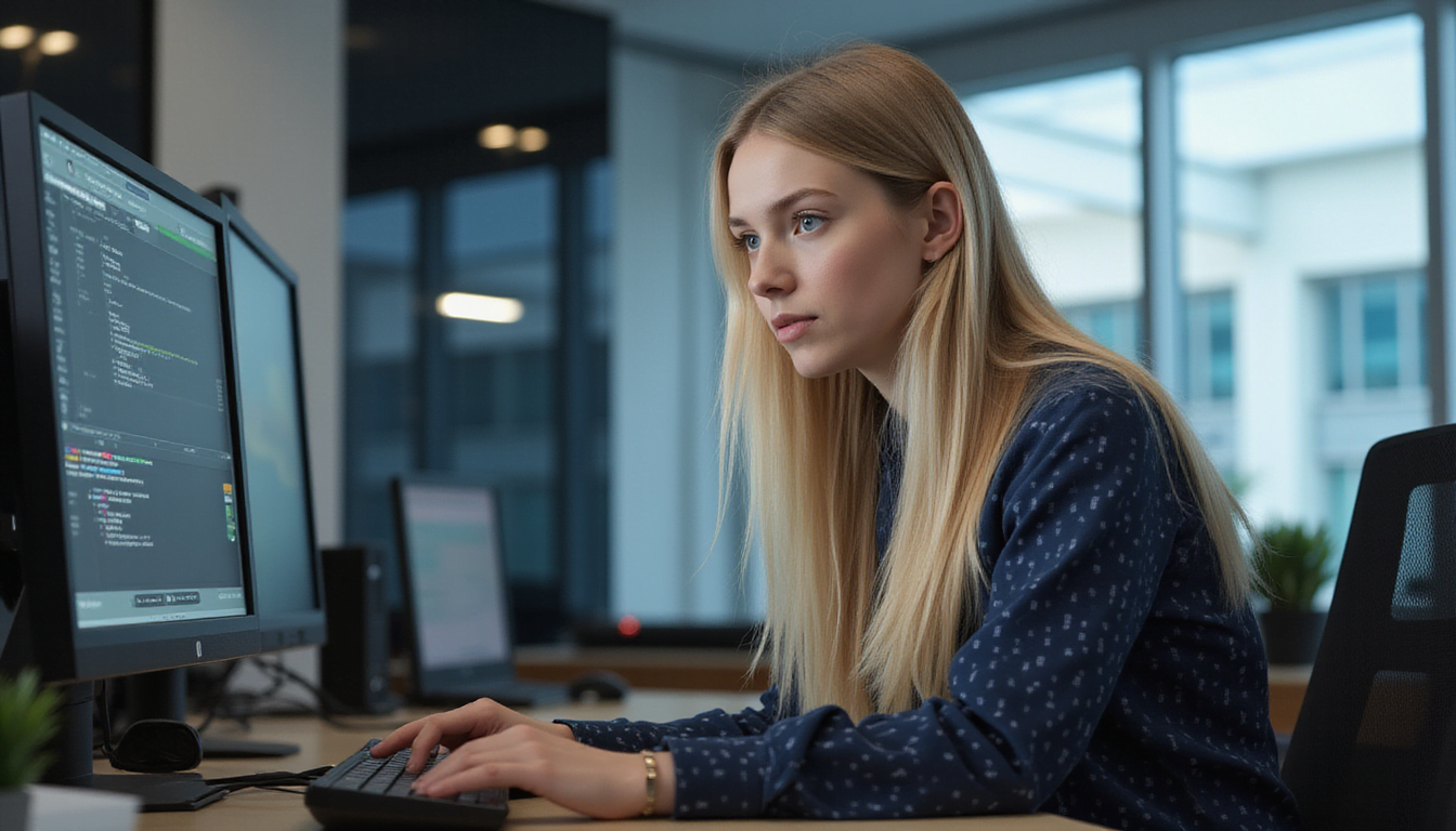 Eco Fusion Tech female IT specialist sitting at a desk, while typing on a keyboard.