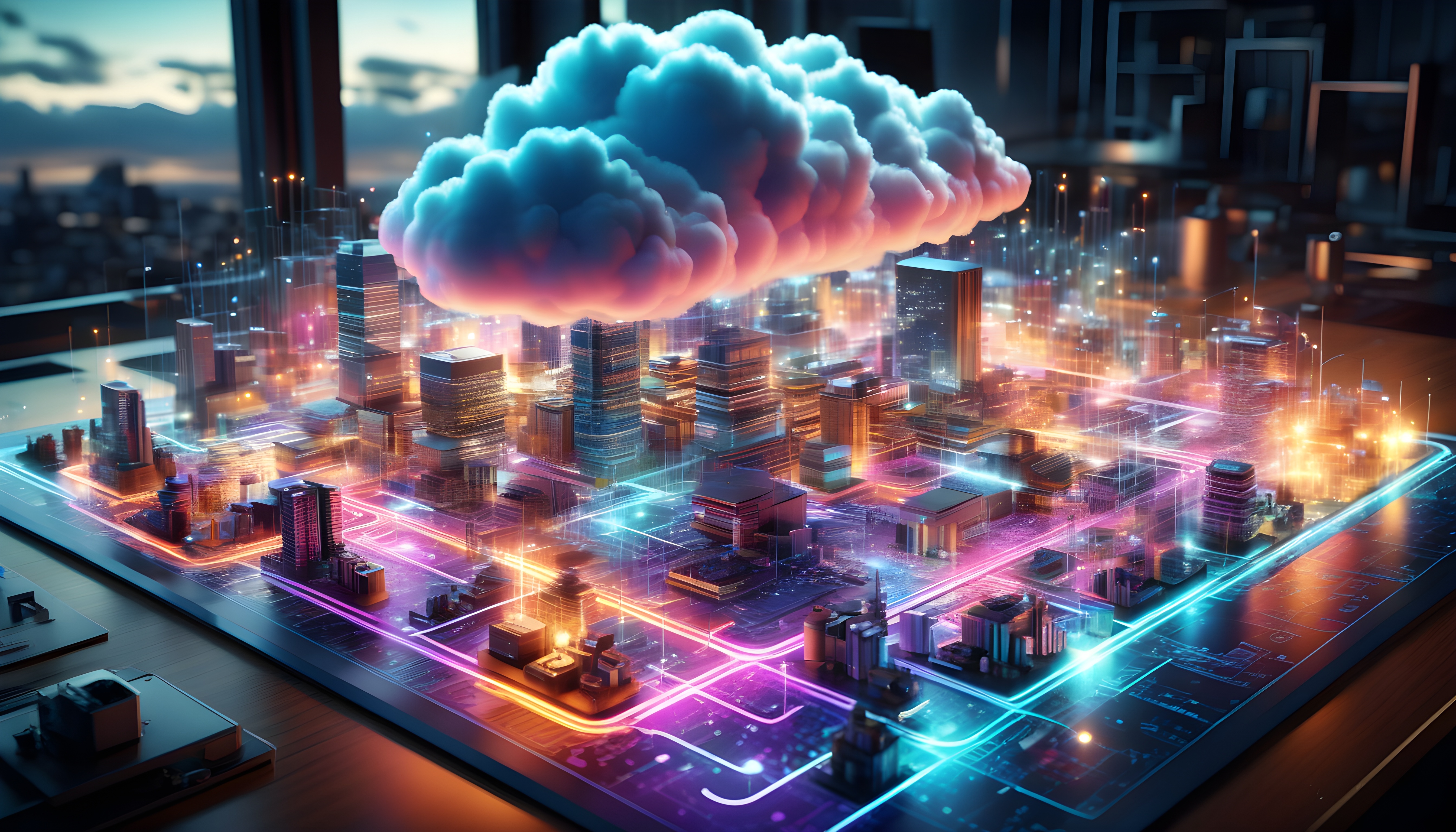 Digital cityscape with a cloud hovering above, representing cloud computing integration within urban infrastructure and smart city technology.