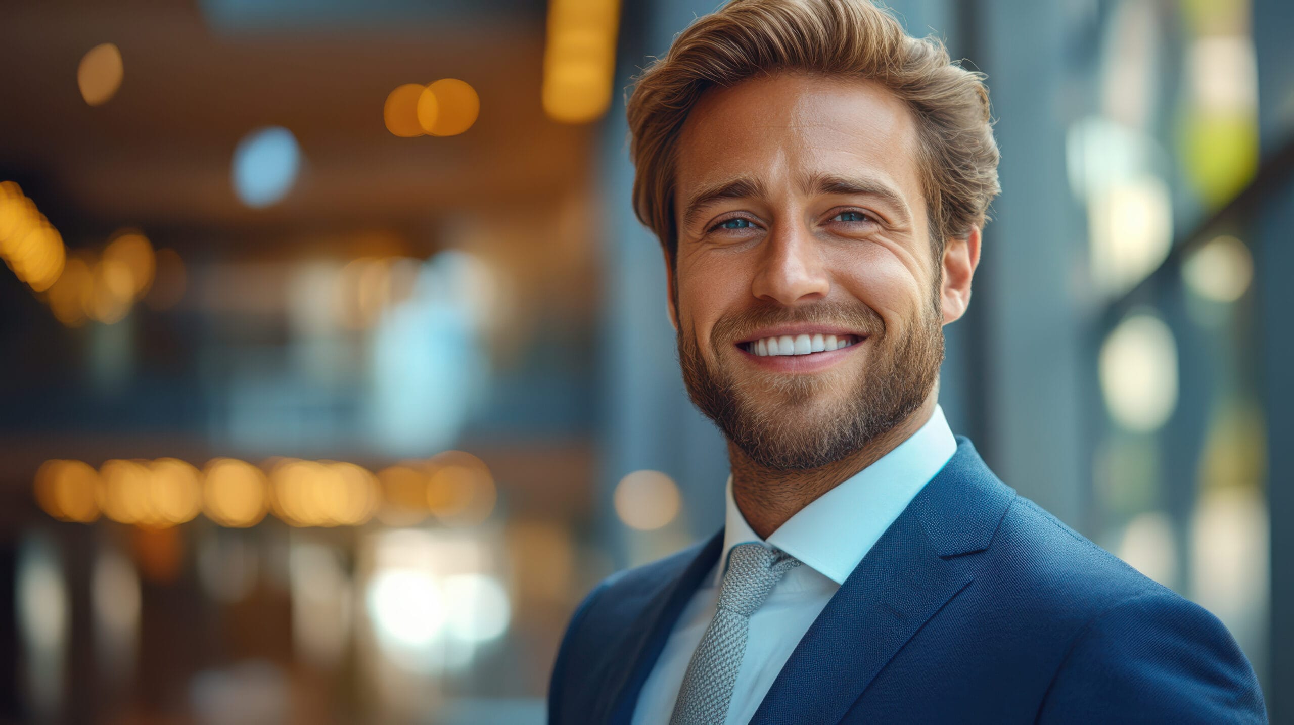 Smiling business owner in a professional environment, pleased and confident after choosing Eco Fusion Tech's tech support services, reflecting satisfaction with improved technology solutions.