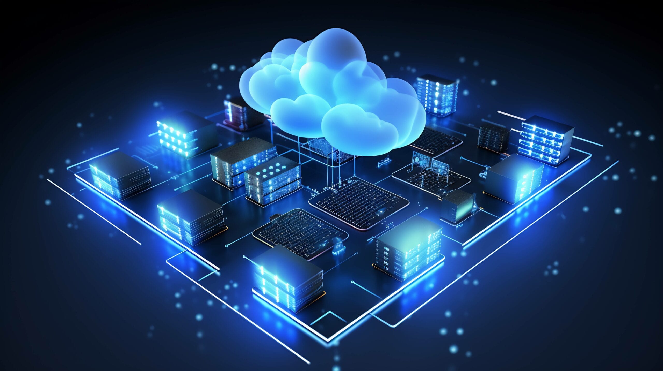 Cloud services architecture illustration featuring a central cloud icon connected to multiple glowing servers and data centers, representing seamless data flow and scalable infrastructure.