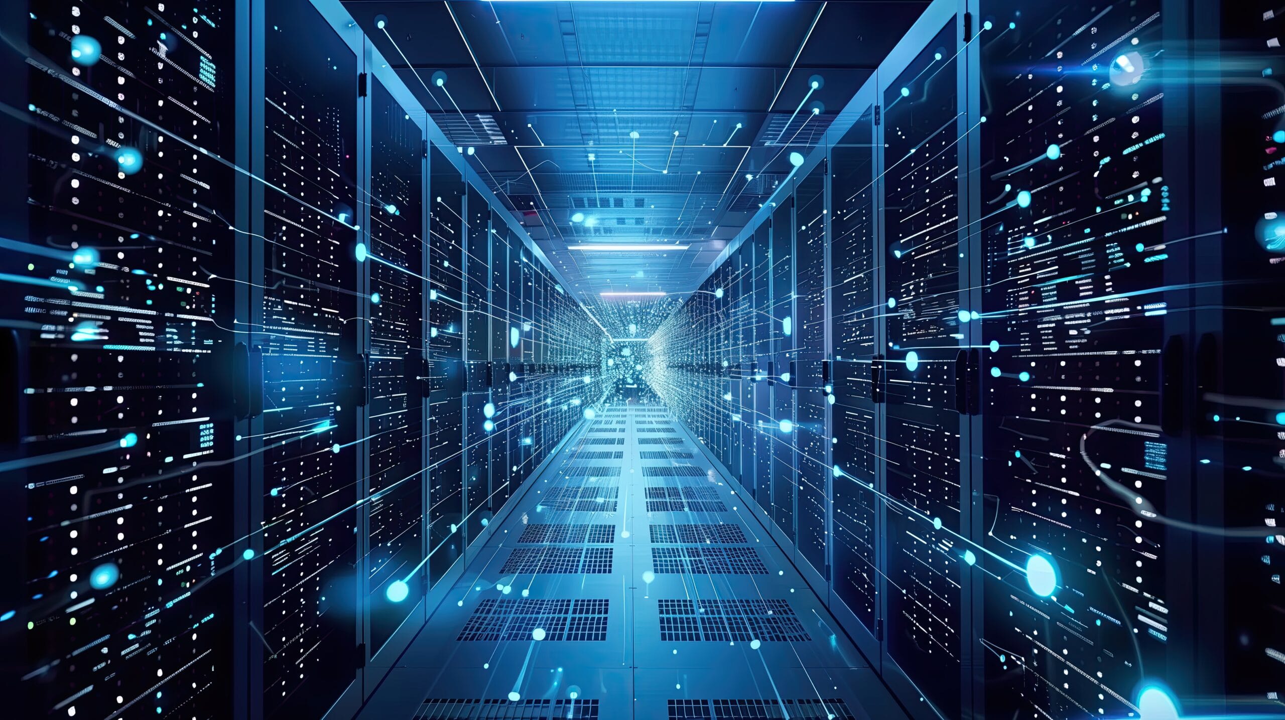 Futuristic data center corridor with rows of server racks, illuminated by blue light and connected by digital data streams, symbolizing advanced data processing and network infrastructure.