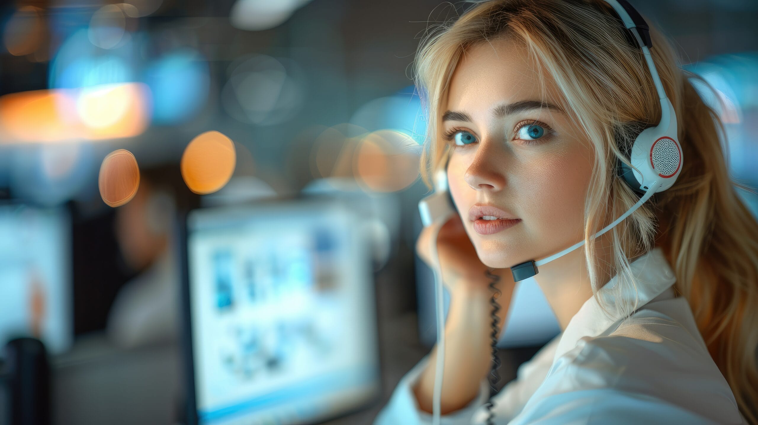 An Eco Fusion Tech tech support representative wearing a headset, diagnosing an issue.