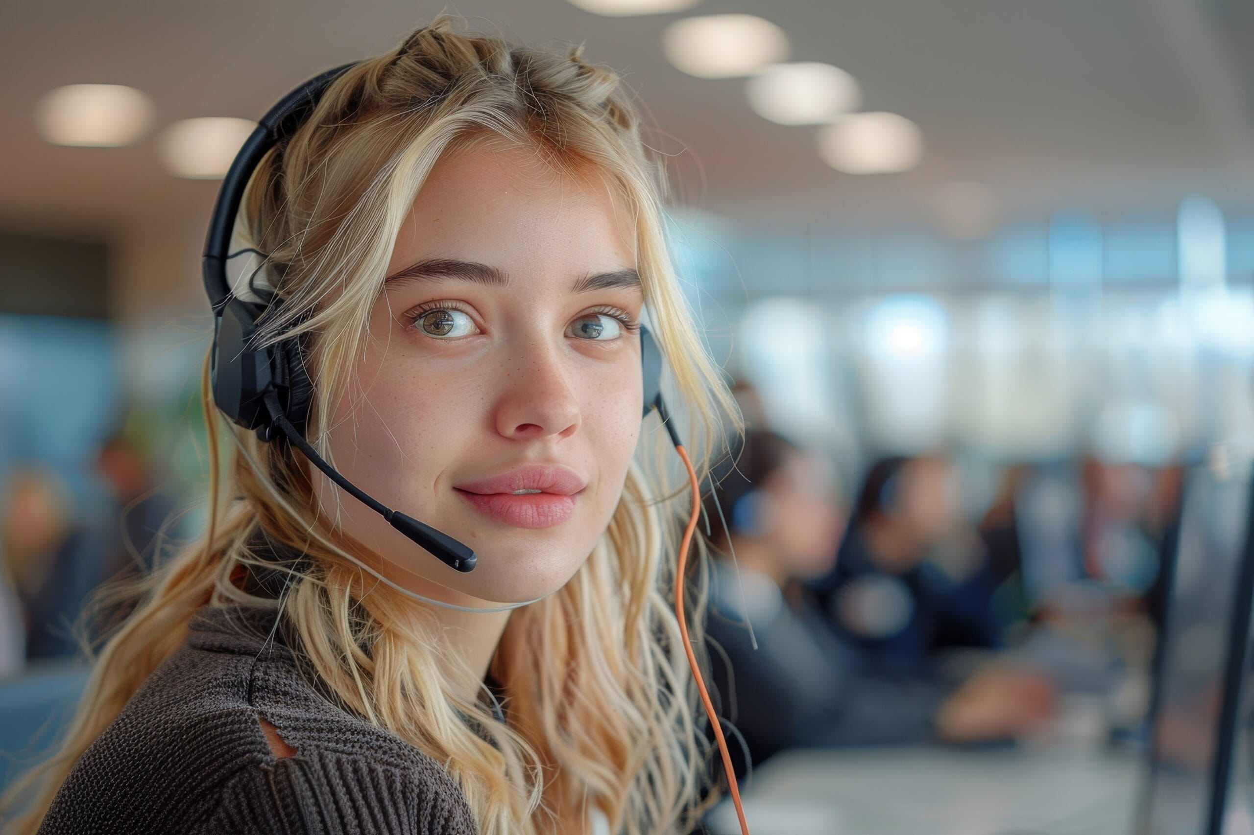 A Eco Fusion Tech customer support representative wearing a headset in a busy office environment, symbolizing professional communication and customer service.