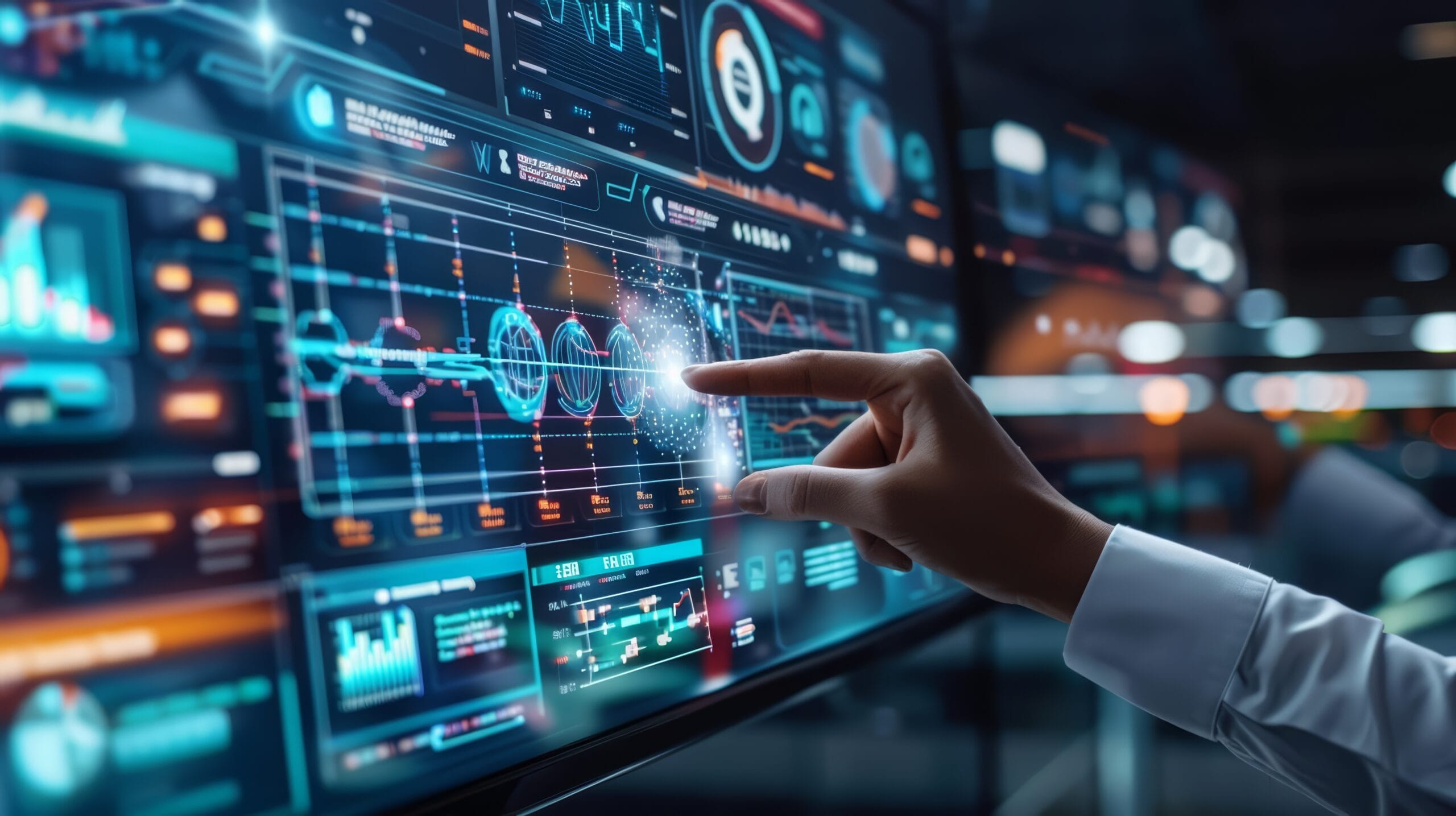 Hand interacting with a futuristic digital dashboard displaying complex data and analytics, representing advanced technology and data-driven decision-making.