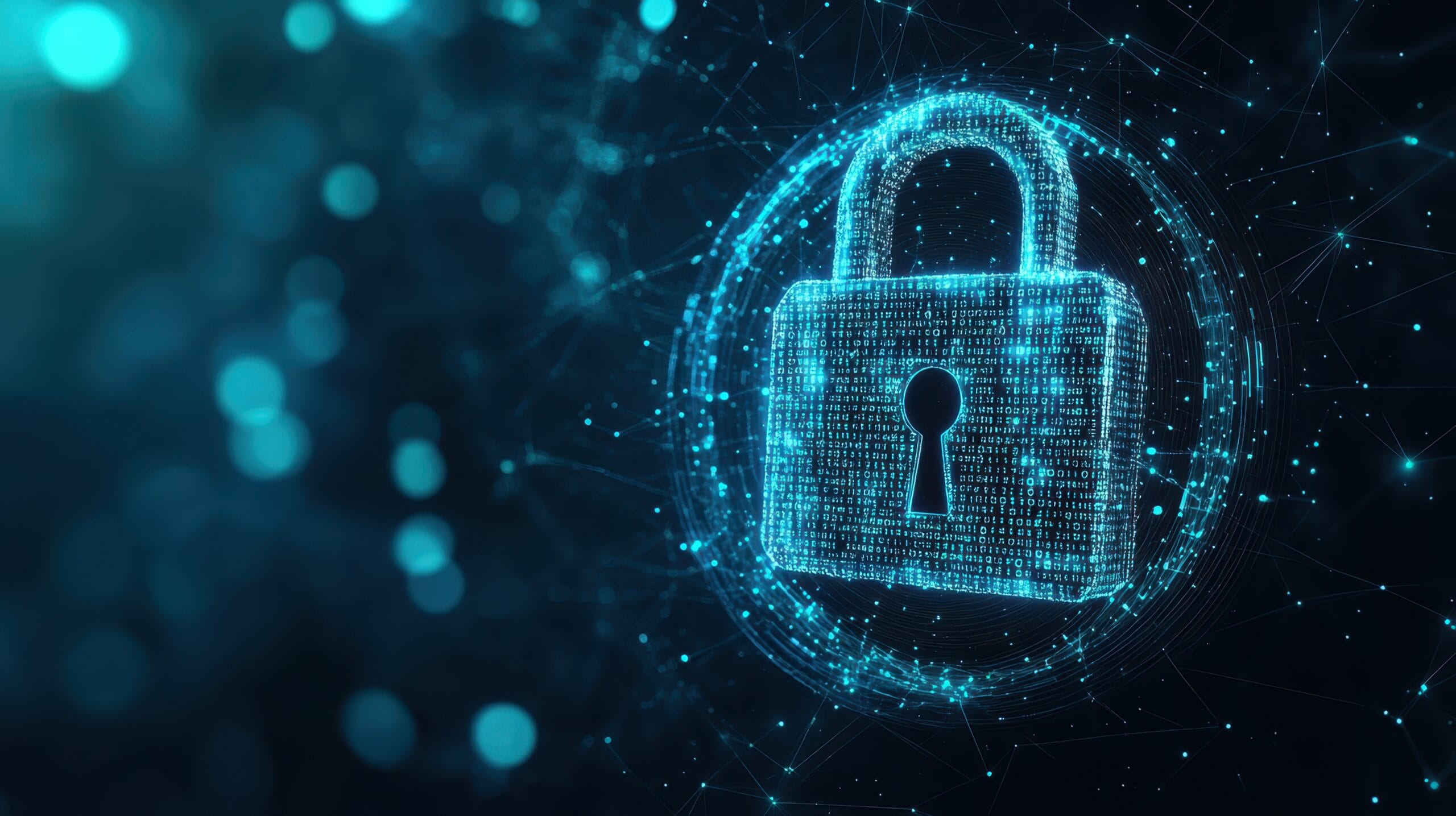 Glowing digital padlock surrounded by data points and network connections, symbolizing cybersecurity, data protection, and secure communication.