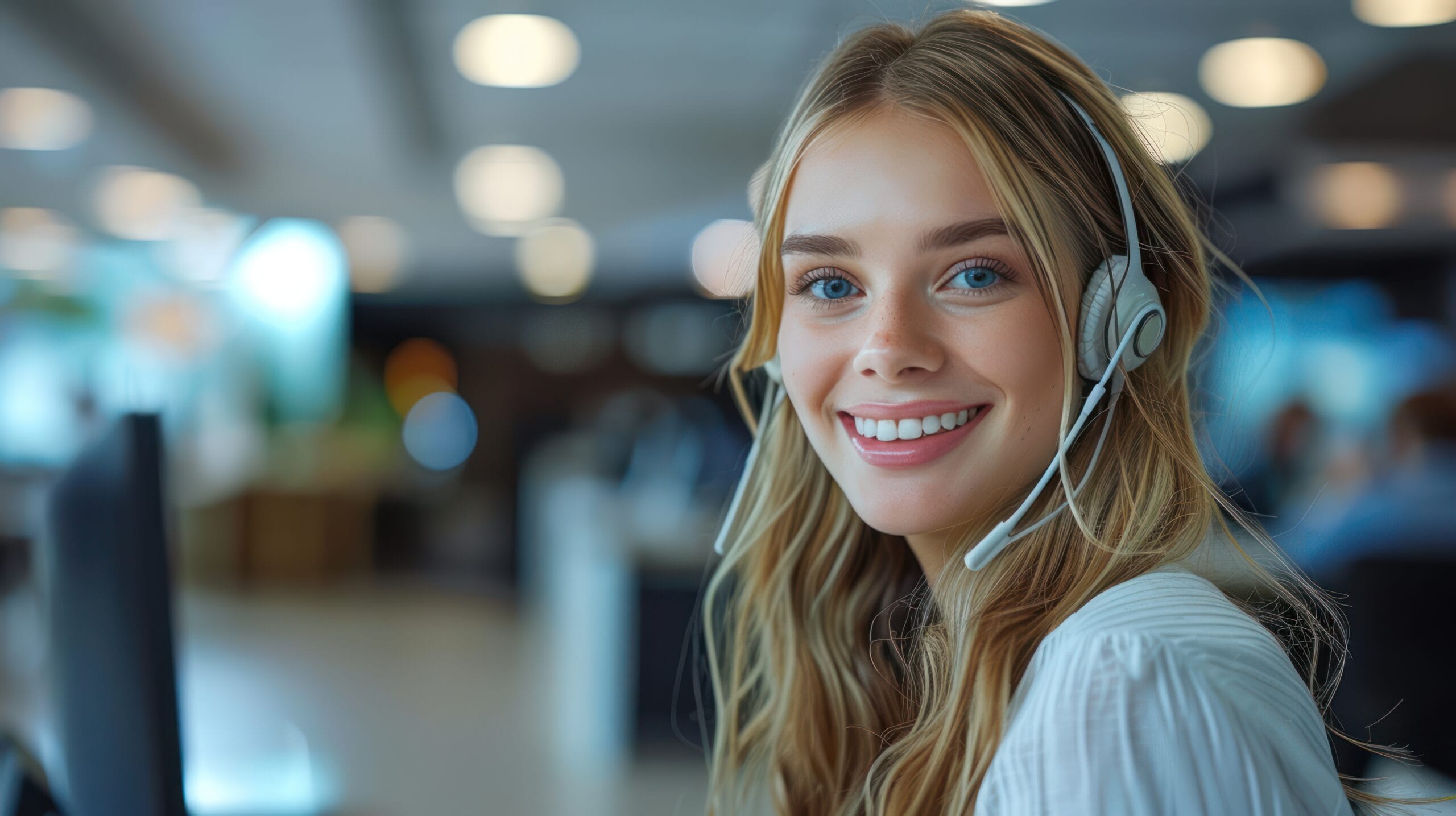 An Eco Fusion Tech tech support representative wearing a headset, smiling.