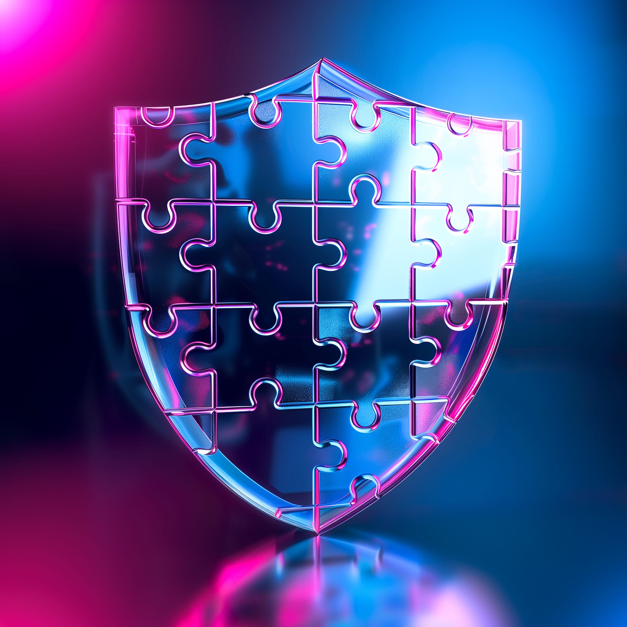 Shield made of puzzle pieces in a neon glow, symbolizing the complexity and integration of various components in building a comprehensive cybersecurity solution.