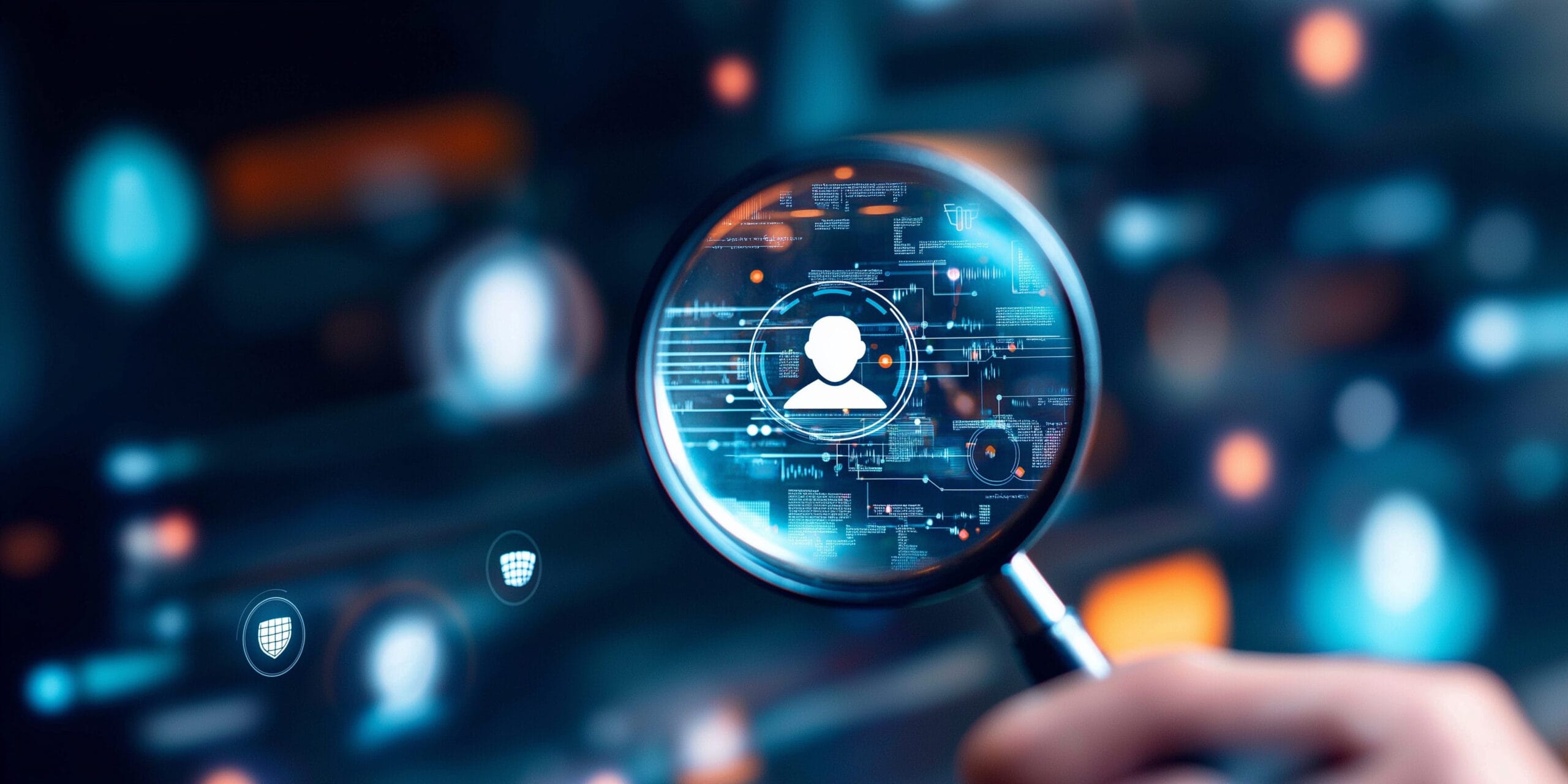 Magnifying glass highlighting a digital user profile with data and analytics, representing proactive and personalized care in technology and cybersecurity solutions.