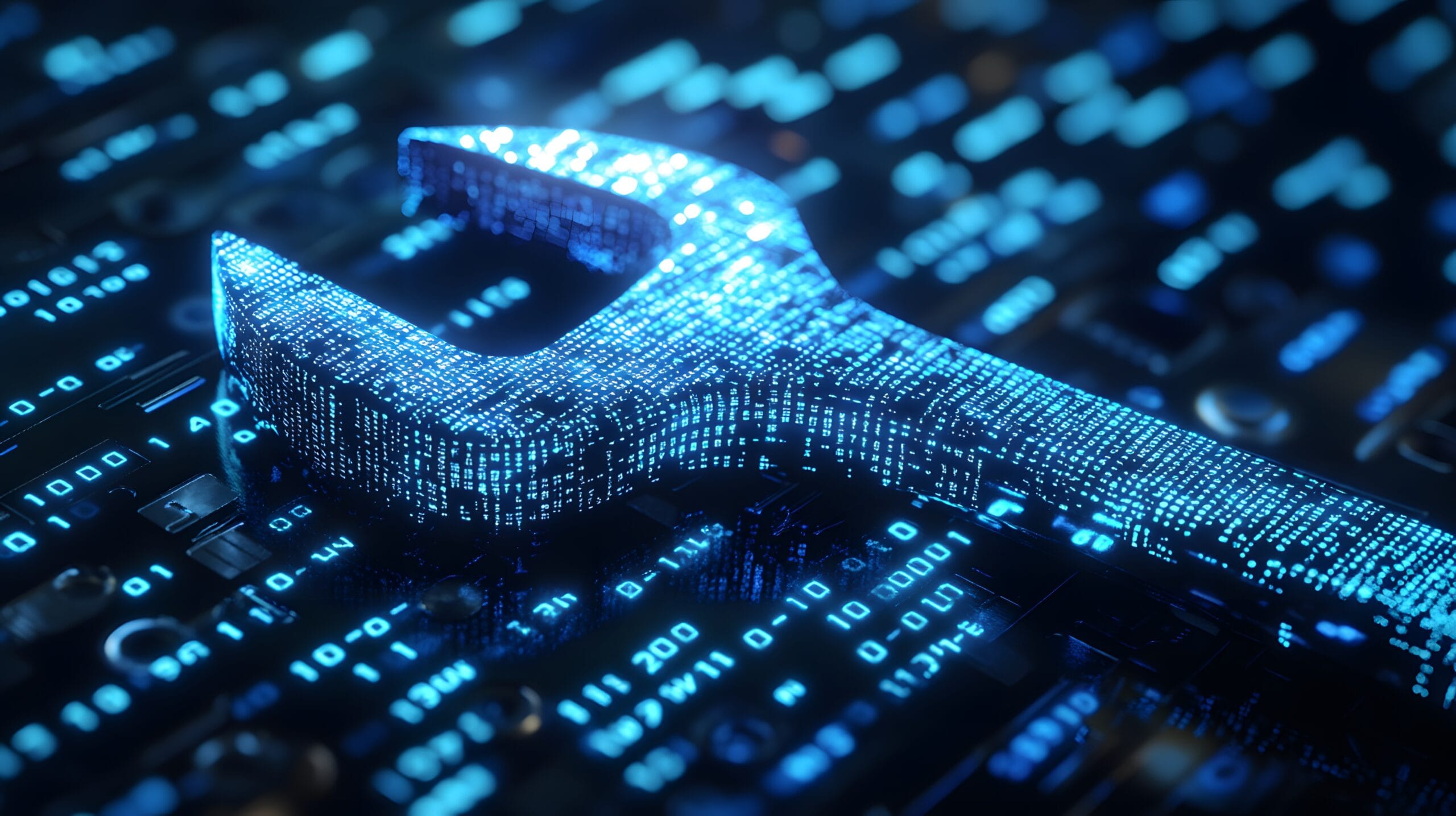 Digital wrench made of data points, symbolizing the concept of digital tools and solutions in technology and IT infrastructure.