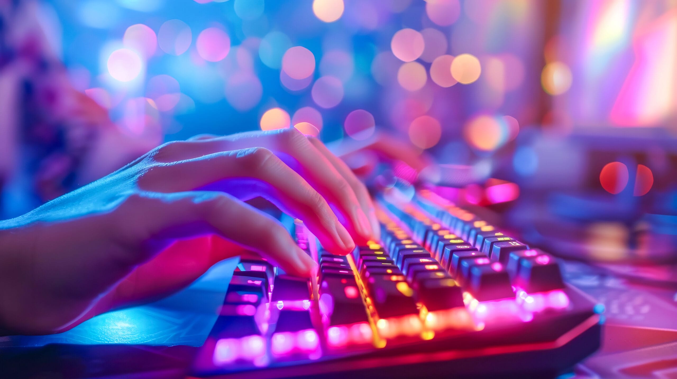 Hands typing on a brightly lit keyboard with vibrant colors, symbolizing increased productivity and focus in a dynamic digital workspace.